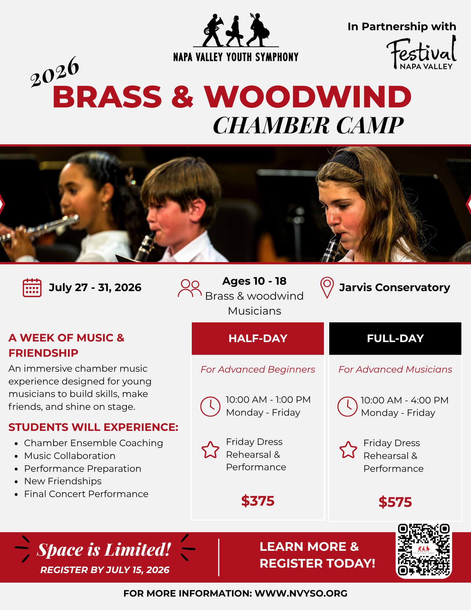 🎺🎶 Join us for NVYS Brass & Woodwind Chamber Camp 2026!
A week of music, collaboration, friendship, and performance for brass & woodwind musicians ages 10–18.
📅 July 27–31, 2026
📍 Jarvis Conservatory
🎶 Half-Day & Full-Day options available
Students will build skills, collaborate in chamber ensembles, make new friends, and perform in a final concert!
⚠️ Space is limited — register by July 15.
🔗 www.nvyso.org (link in bio)
#NVYS #BrassAndWoodwindCamp #YouthOrchestra #MusicCamp #WoodwindMusicians BrassMusicians