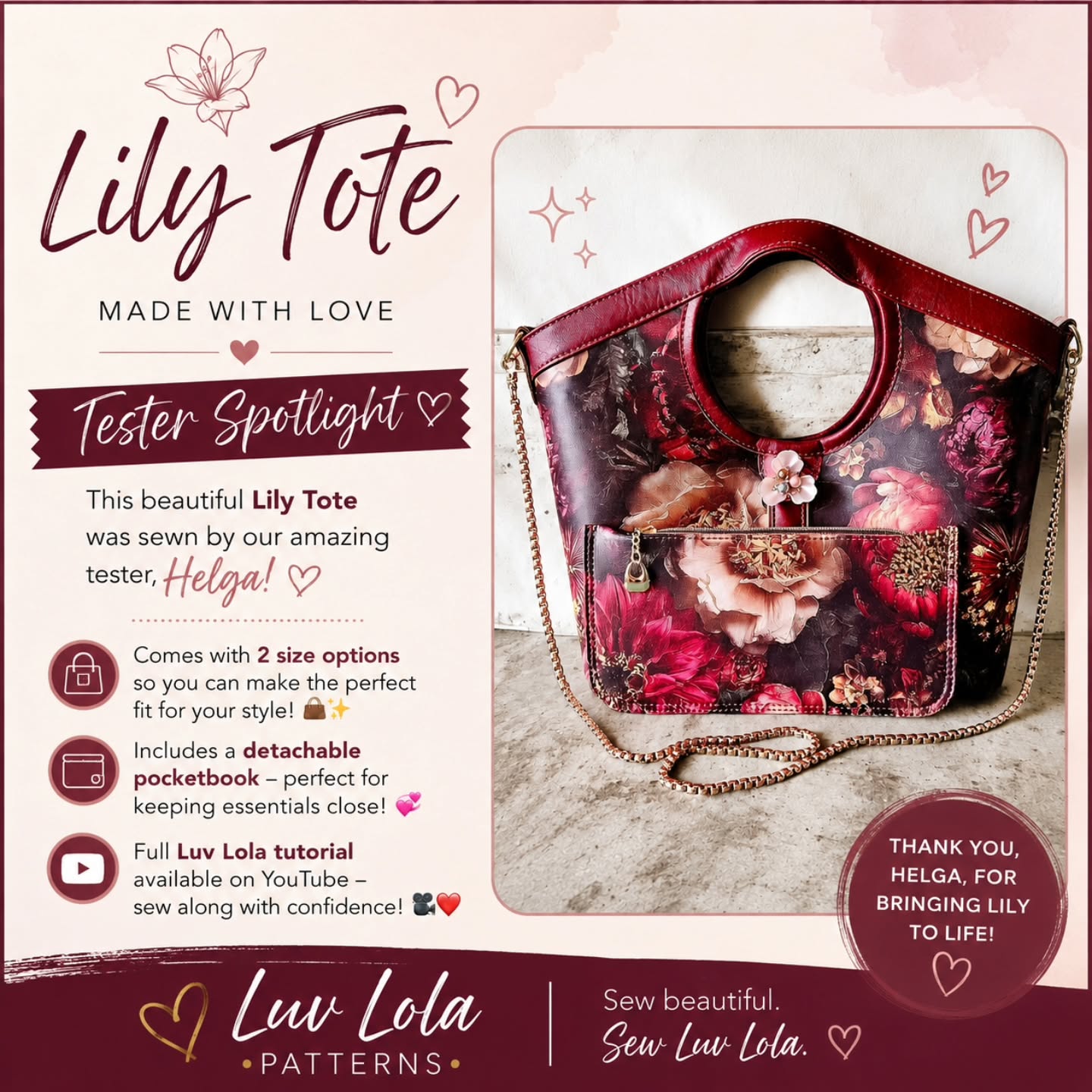 ✨ Tester Spotlight ✨
How absolutely gorgeous is this Lily Tote sewn by the talented 💕 Helga Therese?! The florals, the rich reds, the DETAILS 😍🌺
The Lily Tote includes:
👜 2 size options
💖 A detachable pocketbook
🎥 A full Luv Lola YouTube tutorial
All links are in the comments ⬇️
✨ Pattern • Vinyl • Tutorial ✨ #bagmaking #diybag #sew #crafty #learntosew