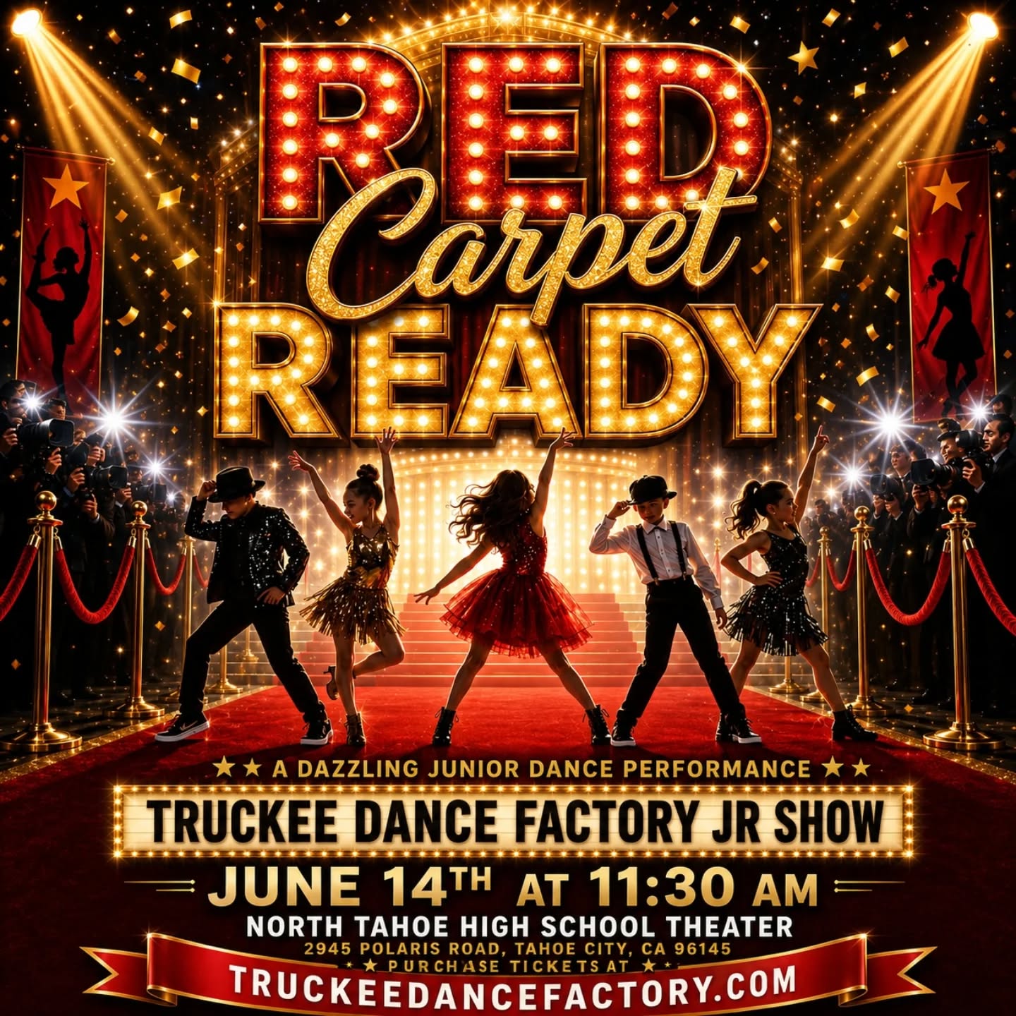 TICKETS ON SALE NOW! Our junior year-end showcase will be packed with all the glitz, glam and paparazzi of the red carpet...Come see these dancers shine! Purchase tickets at truckeedancefactory.com