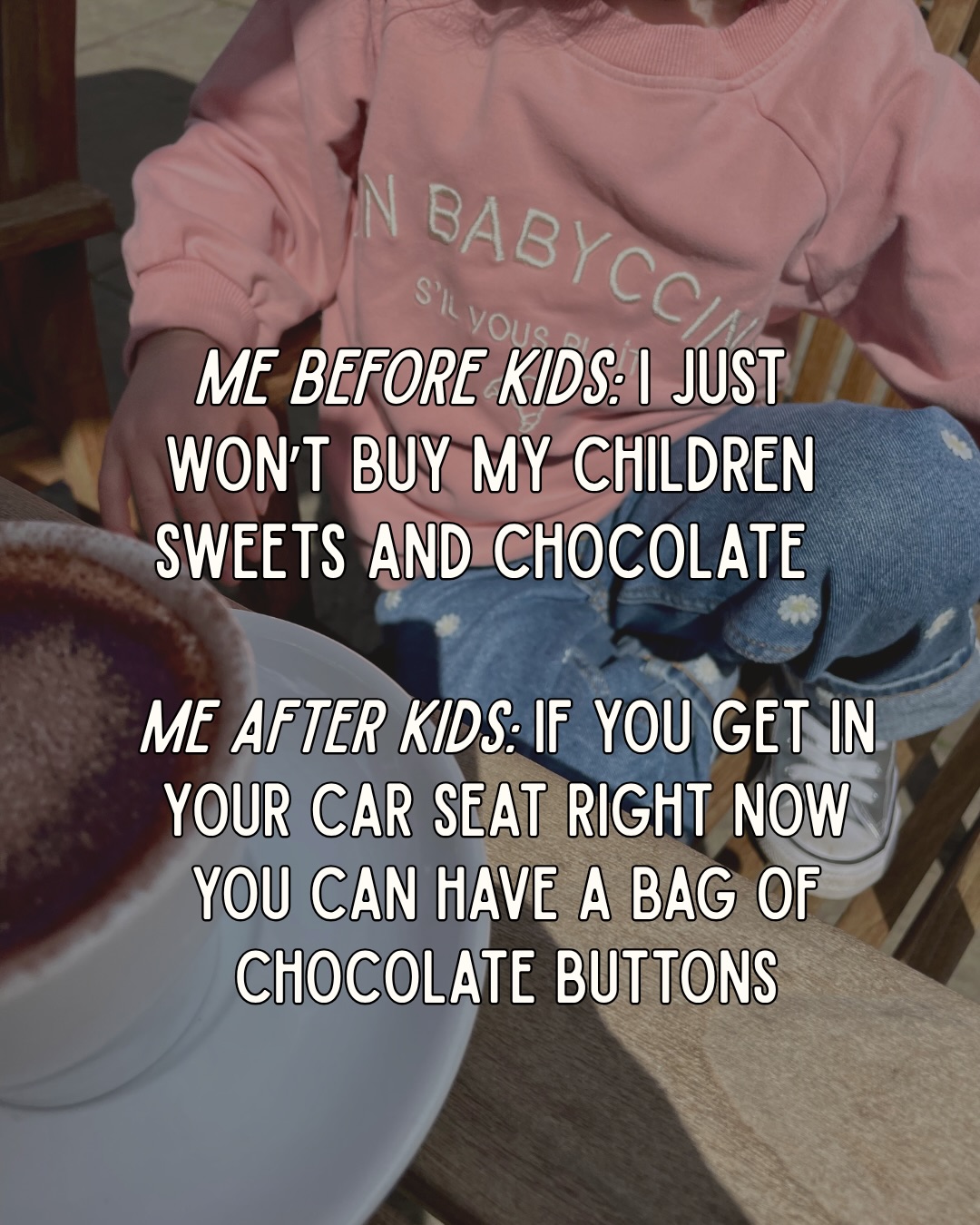 Sometimes you just need to get them in the bl**dy car 🫠 Isn’t it funny how different your imagined parenting style is compared to the reality 😂
.
#parenting #toddlerhood #childhoodjoy #babyccino
