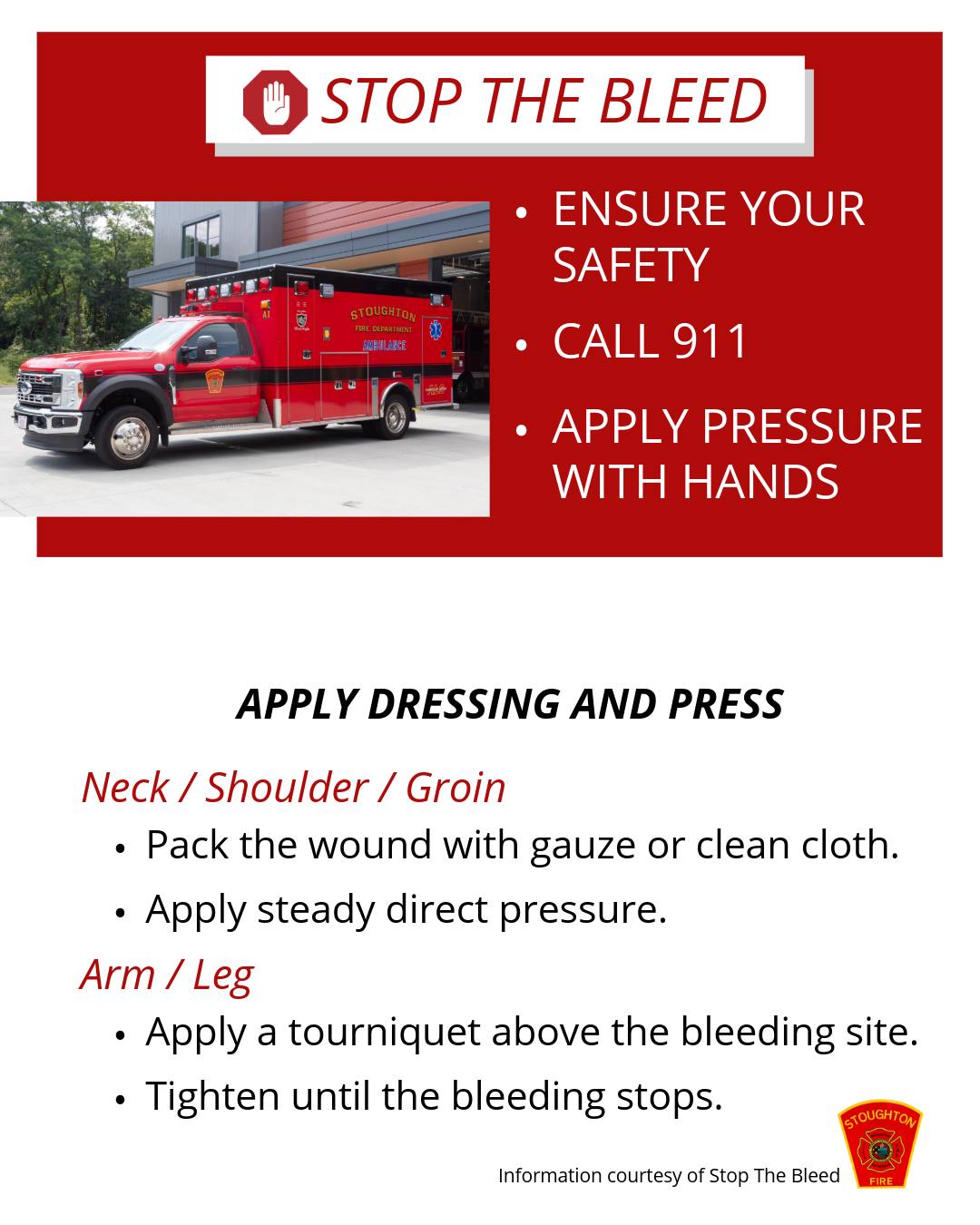 Do you know how to stop bleeding after an injury? â
â
1. Ensure your safety â
2. Call 911 â
3. Apply pressure with hands â
4. Apply dressing and press â
â
#SFD #StopTheBleed #FirstAid