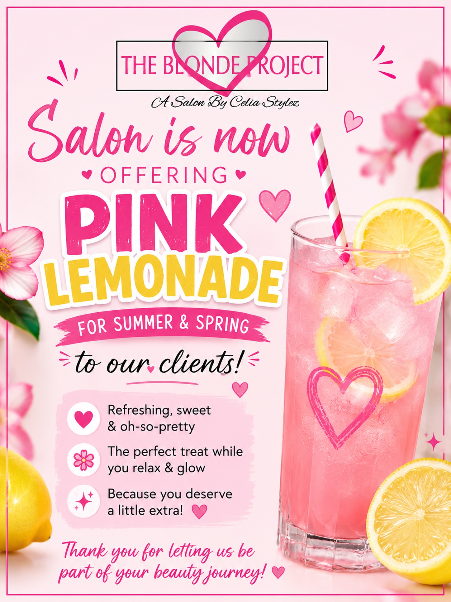 Spring & summer just got a little sweeter at The Blonde Project 🩷🍋✨
We’re now serving refreshing pink lemonade to our beautiful clients while you relax, get pampered, and live your best hair day ever. Because luxury is in the little details 💕
Come sip, unwind, and enjoy the immaculate vibes while we make your hair dreams come true ✨
📍The Blonde Project Salon
📞 403-455-7721
💻 Book online anytime
#yycsalon #yychair #yycblondes #yychairextensions #calgarysalon