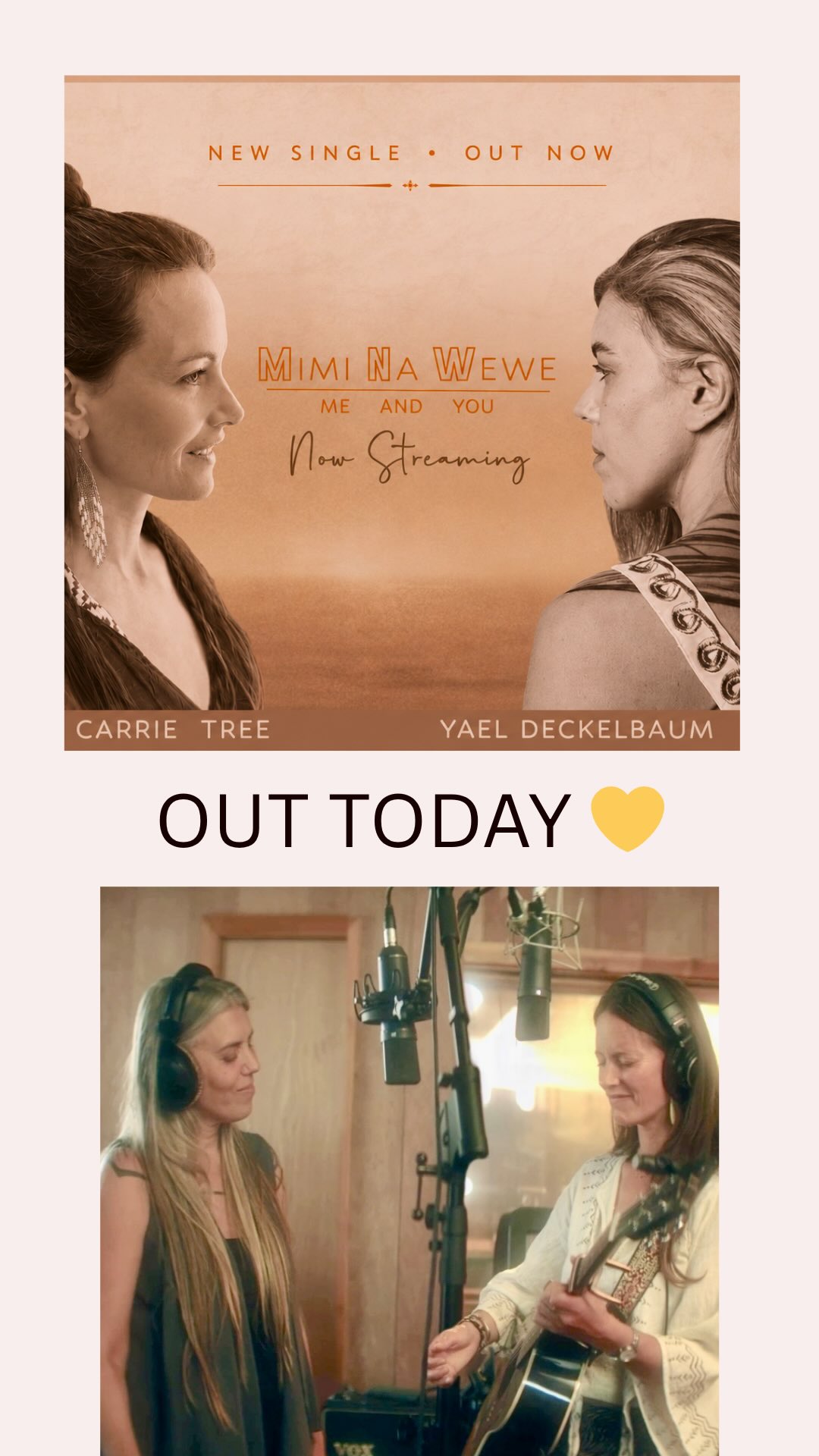 Mimi Na Wewe (Me & You)
Carrie Tree with Yael Deckelbaum
New Single OUT TODAY! 😀
Available to listen on all major platforms
@carrietreemusic @yael_deckelbaum
“Along the borders, across the waters…
Me & you, we’re so different but the same “
Mimi Na Wewe means ‘Me & You’ in Swahili. It is a song about shared humanity, singing across borders, stories and histories, remembering the powerful differences & many deep similarities we all carry.
May it fly wild & free on its own journey!
Please comment, share, save if it touches you…. It helps it so much to fly 💛
With the loving help of @kalyanmitto in the studio & on cello & bass ❤️
@lucaszegri.music on percussion
@netanel_goldberg on djembe fills
#newrelease
#outtoday
#folkduet
#singersongwriters
#peacefulmusic
Link in bio ✨