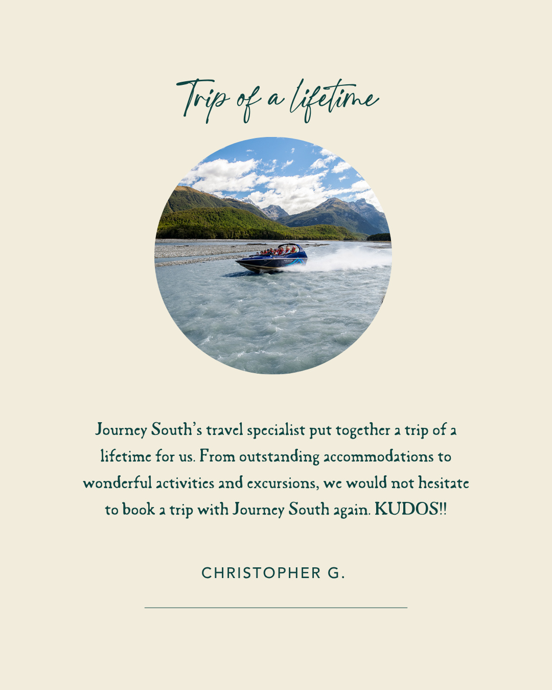 “New Zealand is a beautiful country. We absolutely enjoyed every part of our trip. Heli-hiking on the Franz Josef Glacier and a jet-boat ride on the Dart River were definitely two of the highlights.”
Hearing feedback like this is exactly why we love what we do. From unforgettable experiences to thoughtfully chosen stays and seamless planning, creating journeys that feel truly personal is always the goal.
Thank you, Christopher, for trusting Journey South with your New Zealand adventure — we loved being part of your trip of a lifetime 💚
#JourneySouthTravel #NewZealandTravel #LuxuryTravel #FranzJosefGlacier #DartRiver #TravelNewZealand #BespokeTravel #LuxuryAdventure #SouthIslandNZ #TravelWell