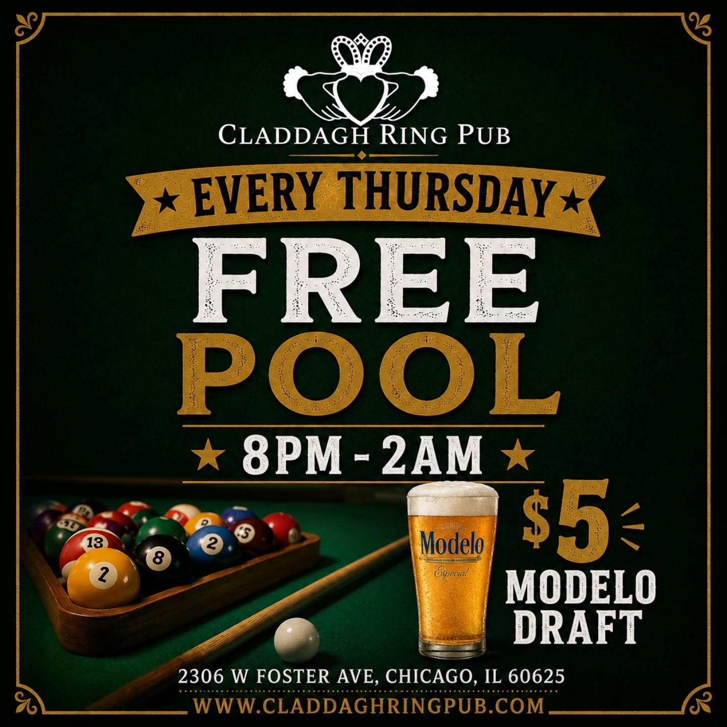 Join us every Thursday for Free Pool from 8pm-2am and $5 Modelo Drafts
