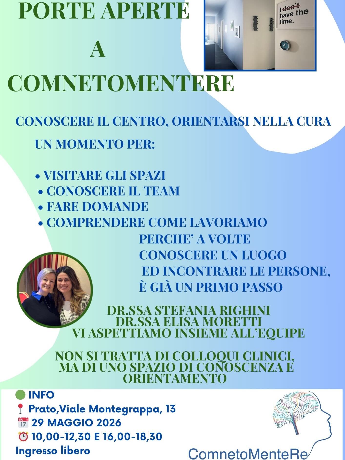 NEL MESE PER LA SENSIBILIZZAZIONE SULLA SALUTE MENTALE, Abbiamo scelto di aprire il centro.
Non per offrire colloqui gratuiti, ma per creare uno spazio di conoscenza, orientamento e possibilità di fare domande.
Durante questo momento sarà possibile visitare gli spazi, conoscere il team e comprendere meglio come lavoriamo.
Crediamo che avvicinarsi a un percorso psicologico richieda tempo, informazioni e un contesto sicuro.
📍 Prato
📅 29 MAGGIO 2026
⏰ DALLE 10,00 ALLE 12,30 E DALLE 16,00 ALLE 18,30
Ingresso libero.
@lorenzo.tatini @elisa_moretti_psi @elisacorbo.psicologa @_.rossiangelapsy._ @stefaniarighini_ #psicoterapia #salutementale #psicologia
