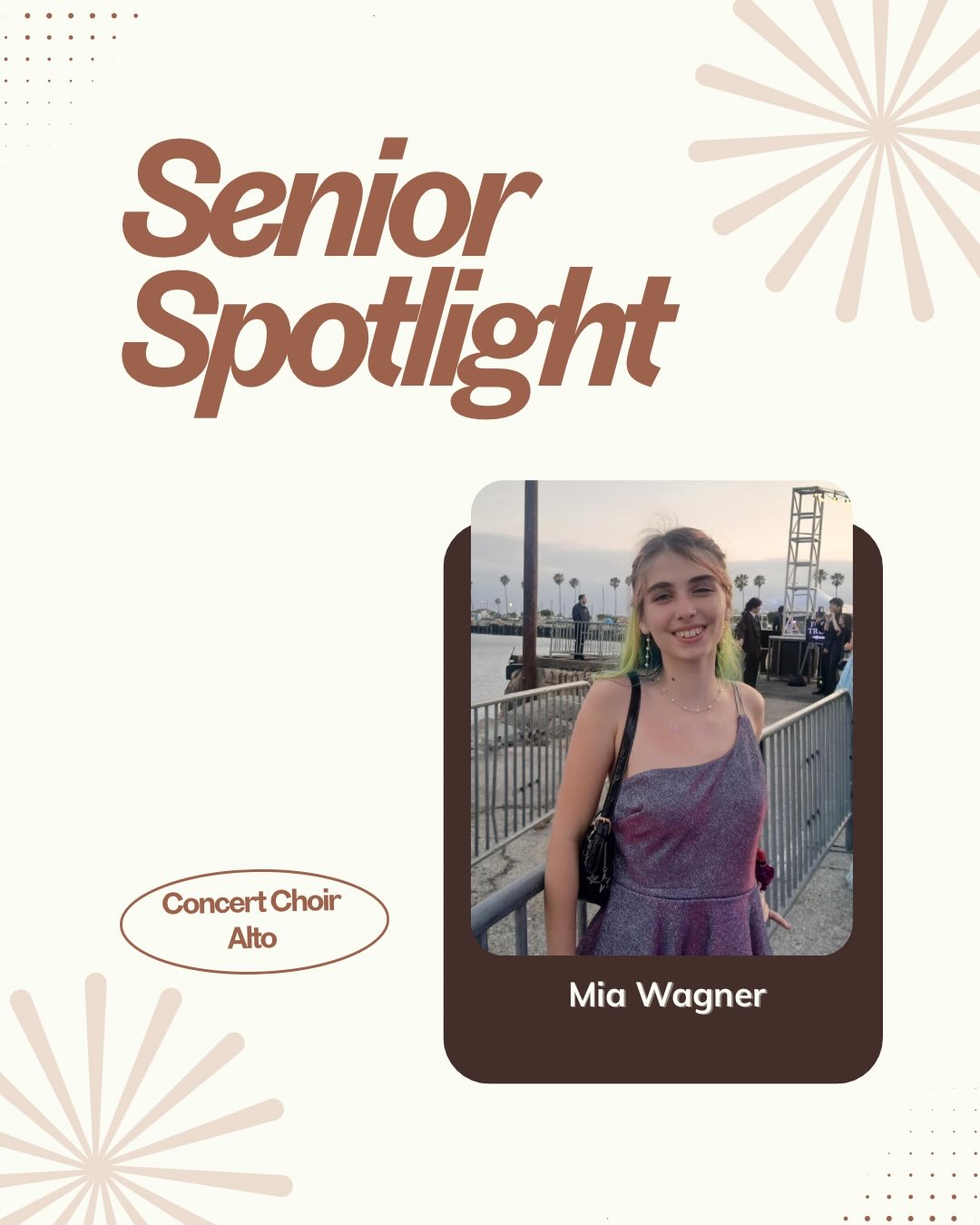our next senior spotlight is mia!! mia has dedicated herself to choir all four years of high school! her positive and colorful energy will be missed ❤️🎶