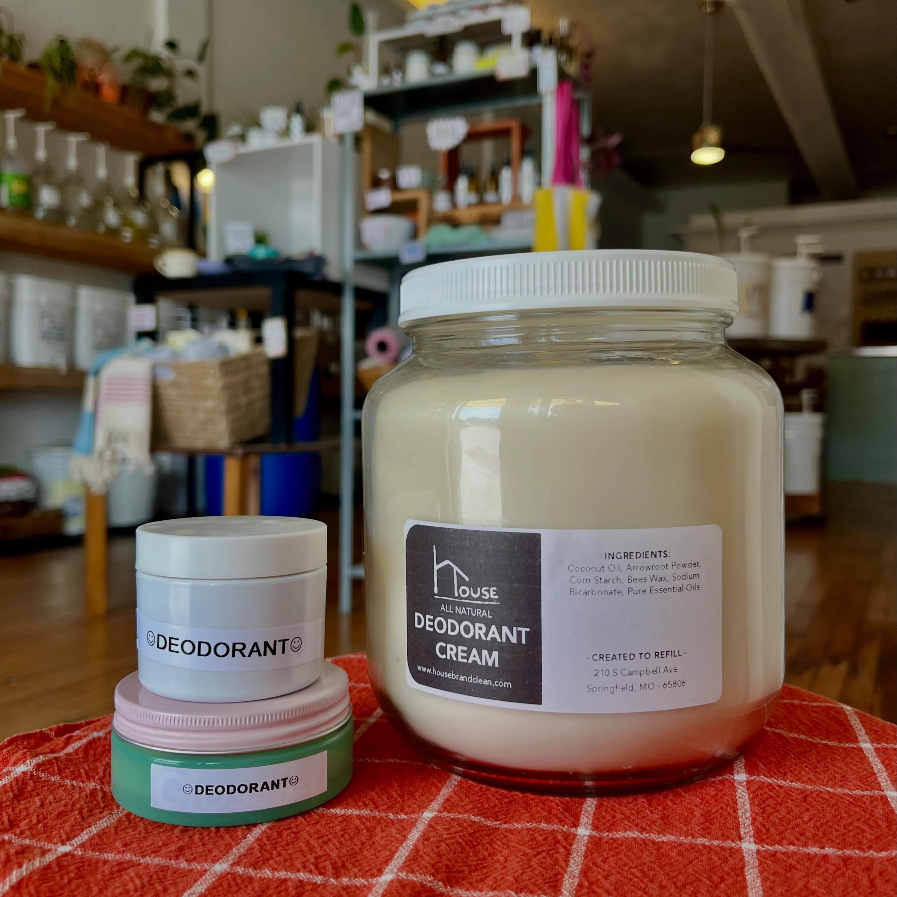 Did you know we make our own DEODORANT?
The House brand Deo is made here at the shop and keeps ya smelling fresh! ✨ It’s made with natural ingredients and is scented with a lovely combo of lavender, tea tree, and lemongrass essential oils! Ditch the deo sticks & refill your reusable jar for $5/oz!