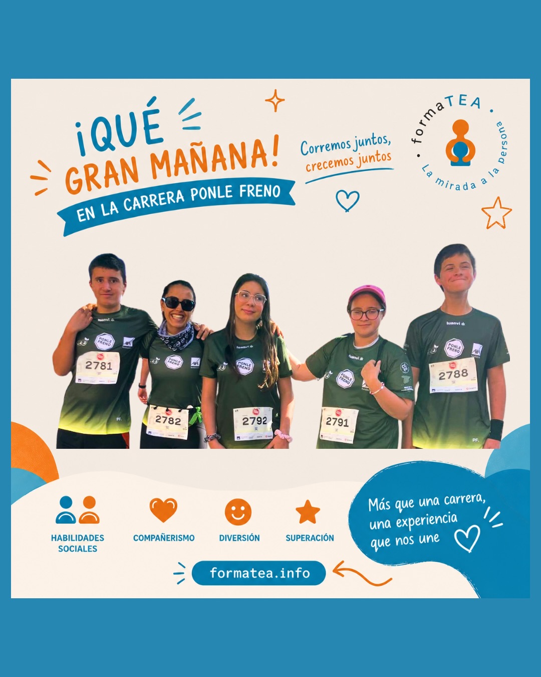 Ayer vivimos una mañana increíble en la carrera solidaria Ponle Freno @carrerasponlefreno 🏃♂️💙
Disfrutamos de una experiencia llena de emoción, compañerismo y superación junto a un grupo de amigos de habilidades sociales.
Más allá de correr, compartimos momentos de apoyo, espera, motivación y celebración en grupo. Porque estos espacios también son una oportunidad maravillosa para trabajar la interacción social, la autonomía y el disfrute compartido en un entorno real y significativo. ✨
Estamos muy orgullosos de cada uno de ellos, de su esfuerzo, sus ganas y su manera única de vivir la experiencia.
¡Gracias a las familias por confiar en nosotras siempre y hacer posibles estos momentos tan especiales! 🫂