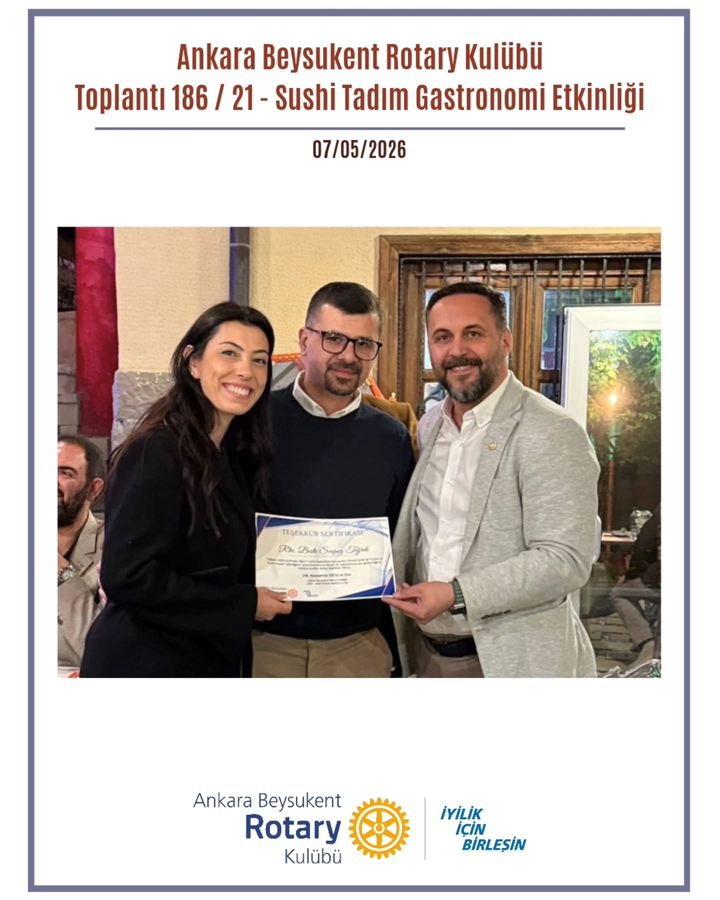 7 Mayıs 2026 tarihinde kulübümüzün kuruluşundan bu yana 186., iyilik için birleştiğimiz dönemimizin 21. Toplantısını Beste dostumuzun restoranında sayın Kemal Şafak’ın sunumu ile Gastronomi etkinliği yaparak gerçekleştirdik. Kulüp üyelerimizin suşi ve içecek eşleşmesi tadımı yanı sıra, gastronomi bilgileri edindiği toplantımıza ev sahipliği için Beste Suçsuz Tiğrek dostumuza, Müge şefe ve aktardığı değerli bilgiler için Kemal Şafak Bey’e teşekkür ederiz.
#Rotary2430 #İyilikİçinBirleşin #UniteForGood
.
.
.
.
.
.
#reklam değildir