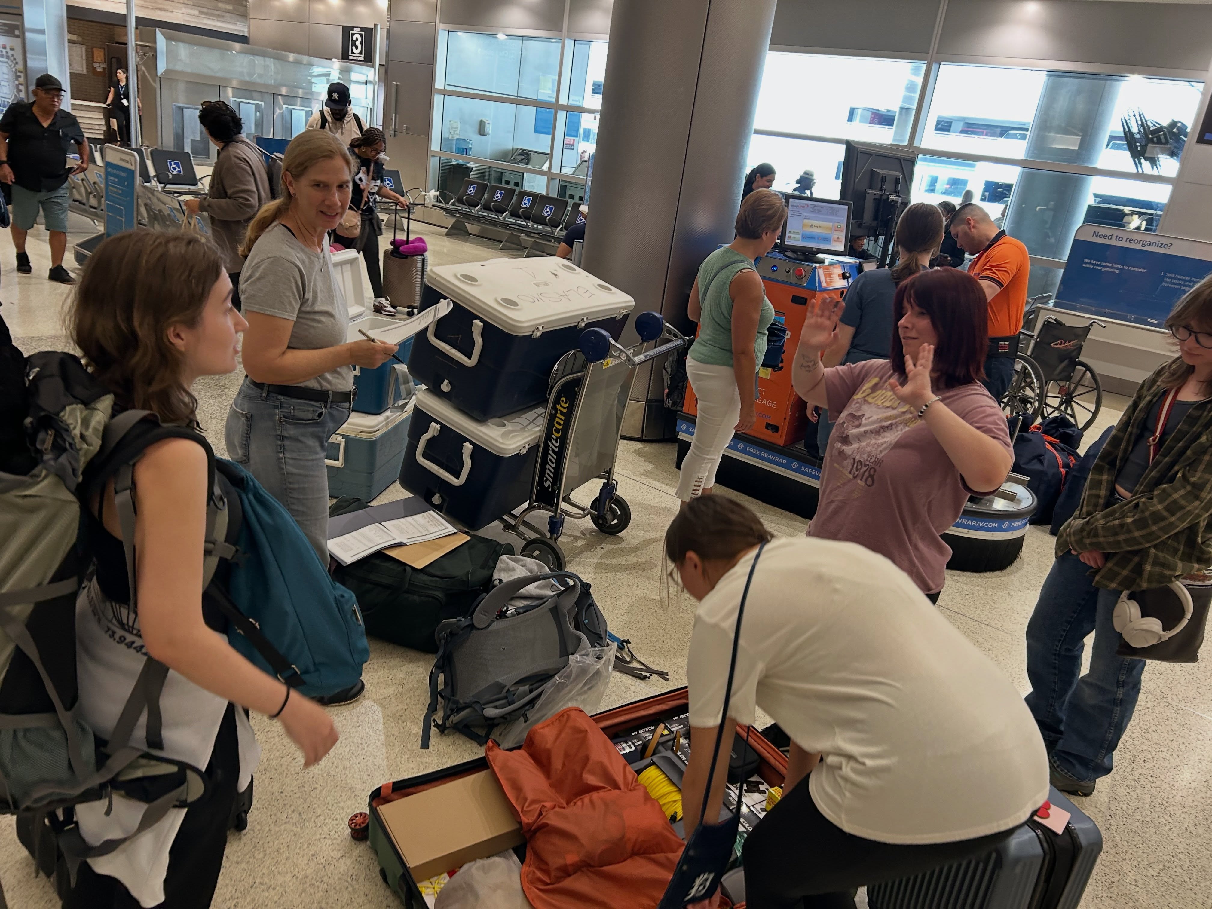 Preparing to leave for the #Galapagos! But when we got to the airport we were told that there is an embargo on transporting #coolers to #Ecuador! So we had to take everything out of our carefully packed and inventoried coolers and buy large bags into which we repacked everything. All is well and we are at the gate about to depart. Stay tuned for more adventures! @fauecos @fauscience