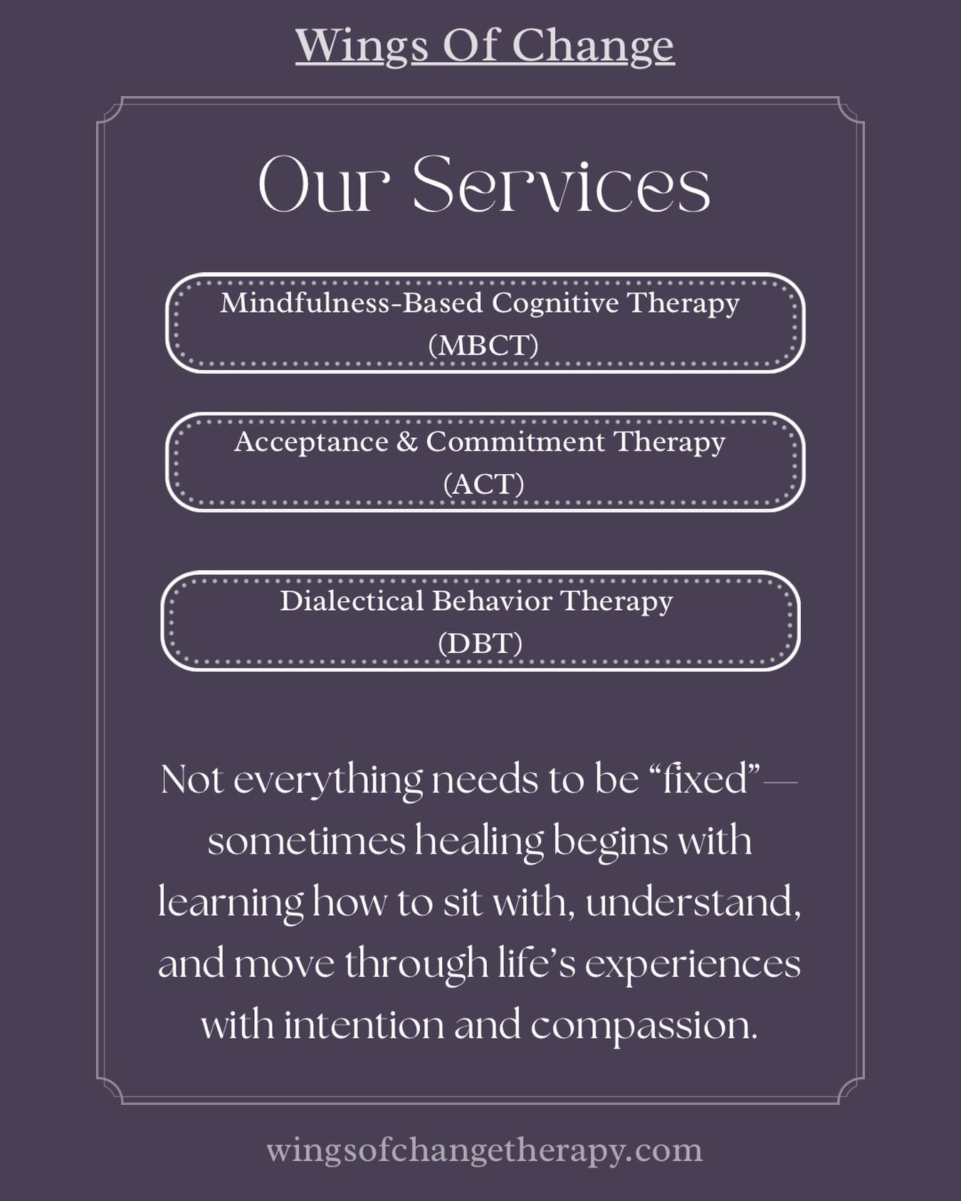 đMindfulness & Acceptance-Based Therapiesđ
Not everything needs to be fixedâsometimes healing begins with learning how to slow down, tune in, and make space for what youâre feeling.
Mindfulness and acceptance-based therapies invite you to build a different relationship with your thoughts and emotionsâone rooted in awareness, compassion, and presence. Through approaches like MBCT, ACT, and DBT, we focus on helping you stay grounded, regulate emotions, and move through life with greater intention rather than overwhelm.
At Wings of Change Therapy, we support you in finding balance between acceptance and changeâso you can feel more connected to yourself, your values, and the life you want to create. đ¤
To learn more about our therapists and the care we provide:
đ (760) 696-5055
đ§ Melanie.castellari@gmail.com
đ www.wingsofchangetherapy.com
#mindfullness #acceptance #therapy #fyp #wingsofchange