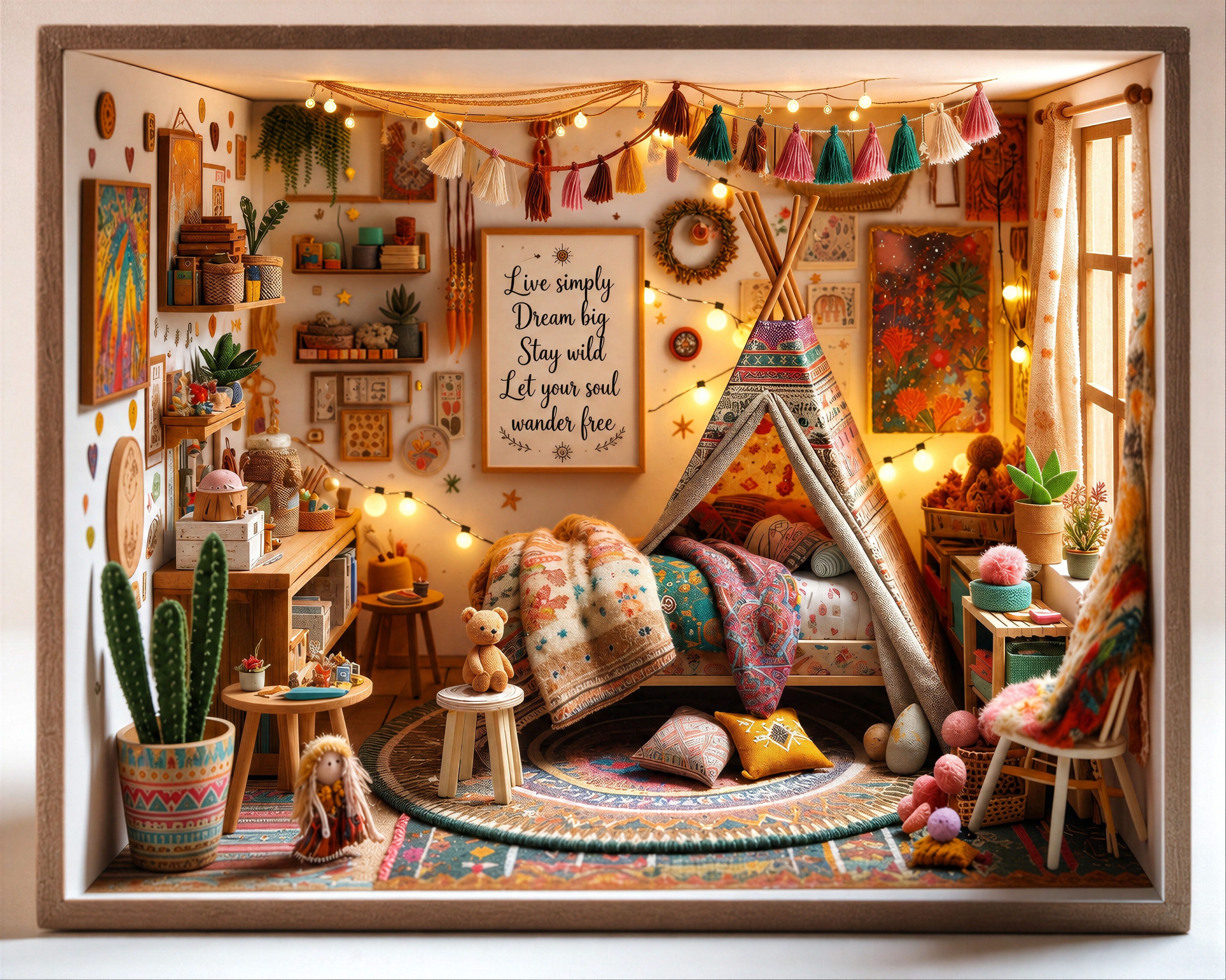 The Tassel Council has called an emergency meeting inside this bohemian miniature children’s bedroom, and Professor Biscuit the teddy bear is already demanding snacks. Tour the tiny teepee bed, glowing lights, plants, pillows, and craft tips on the blog. Follow the link in bio to read the full post!
#smallworldminiatures #miniatureart #bohodecor #diorama #boho #bohemian #bohostyle #bohomini