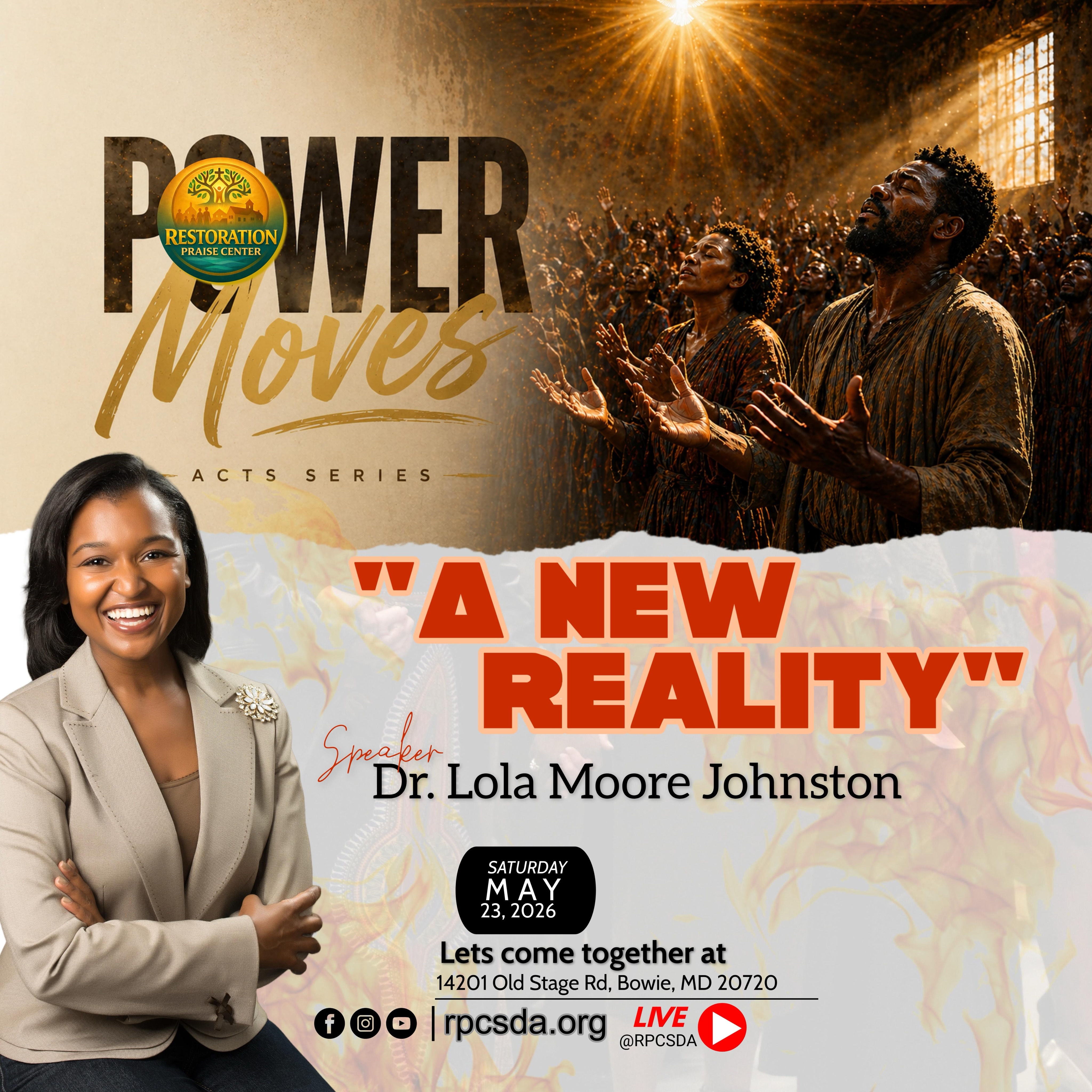 Join us this Sabbath as Dr. Lola Moore Johnston delivers a transformational word that will challenge your mindset, ignite your faith, and position you for the next move God has for your life.
🗓️ Sabbath, May 23, 2026
📍 14201 Old Stage Rd, Bowie, MD
🖥️ Tune in Virtually on YouTube (Link in Bio)
Let’s experience the wonder-working power of God like never before!
#RPCSDA #RestoringGodsHouseAndPeople #Christian #GodsLove #Sabbath
