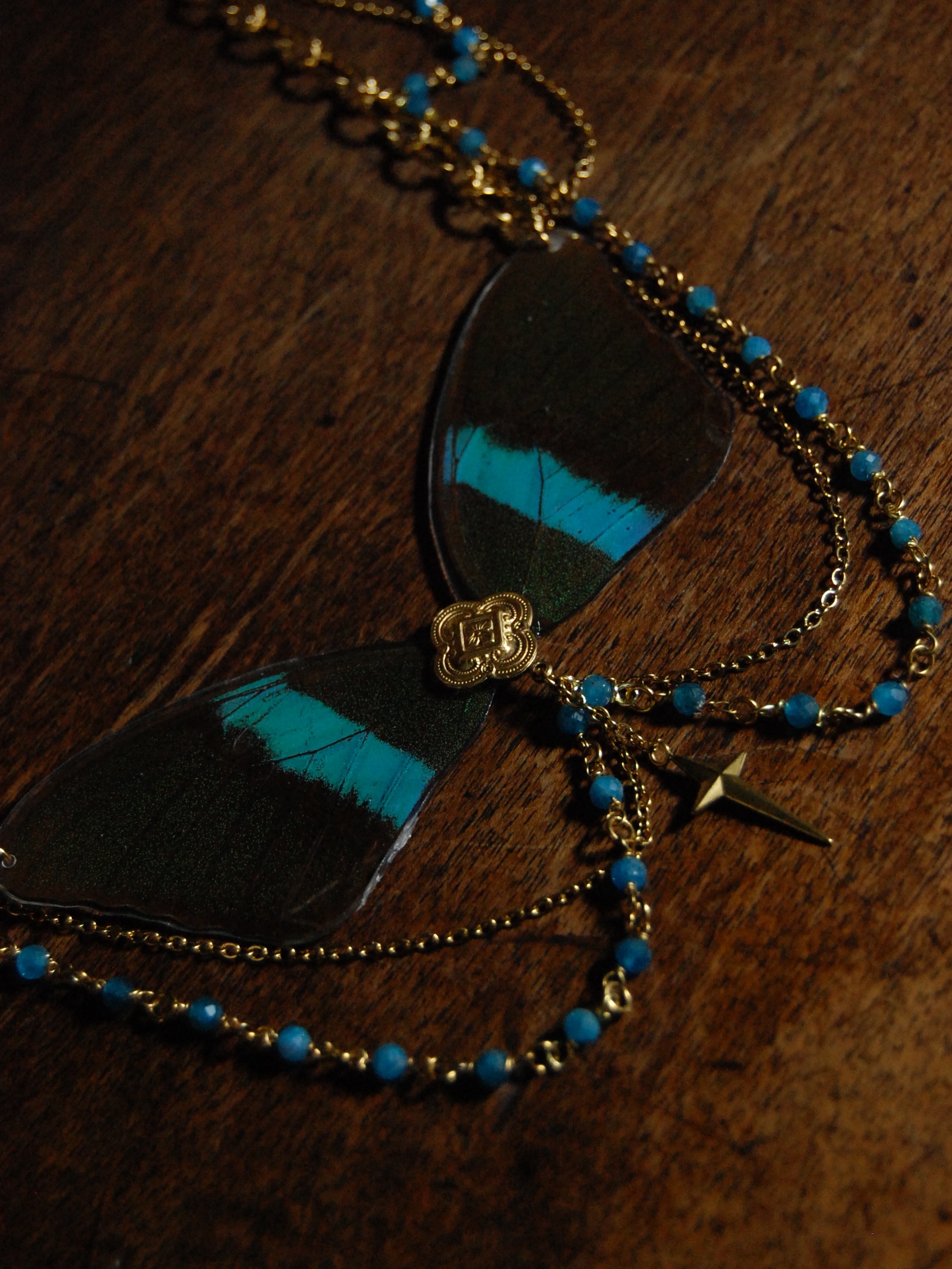 𝕻𝖆𝖕𝖎𝖑𝖎𝖔 𝕺𝖗𝖓𝖆𝖒𝖊𝖓𝖙𝖚𝖒
Collier drapée ornée de perles d’apatite facettée et d’ailes de papillon Blumei 🦋
Source éthique🌿
Disponible sur la boutique en ligne (lien dans la bio)
✥
Bijoux curiosités faits main, bijoux insecte, ailes de papillon
Victorien, gothique