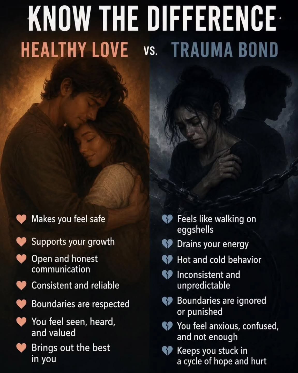 Healthy love is stable, safe, and built on mutual respect. It encourages your independence.
A trauma bond is an emotional attachment rooted in a cycle of abuse, manipulation, and intermittent affection. It may feel like an intense, passionate connection, but it's actually a biological addiction to relationship highs and lows.
1. A healthy relationship fosters personal growth and supports your friendships, career, and your interests. 2. A trauma bond often isolates you from your support system, leaving you drained or feeling responsible for "saving" your partner.
#Every1KnowsSome1 #owningyourstory #youhaveavoice #breakthecycle #stopdomesticviolence