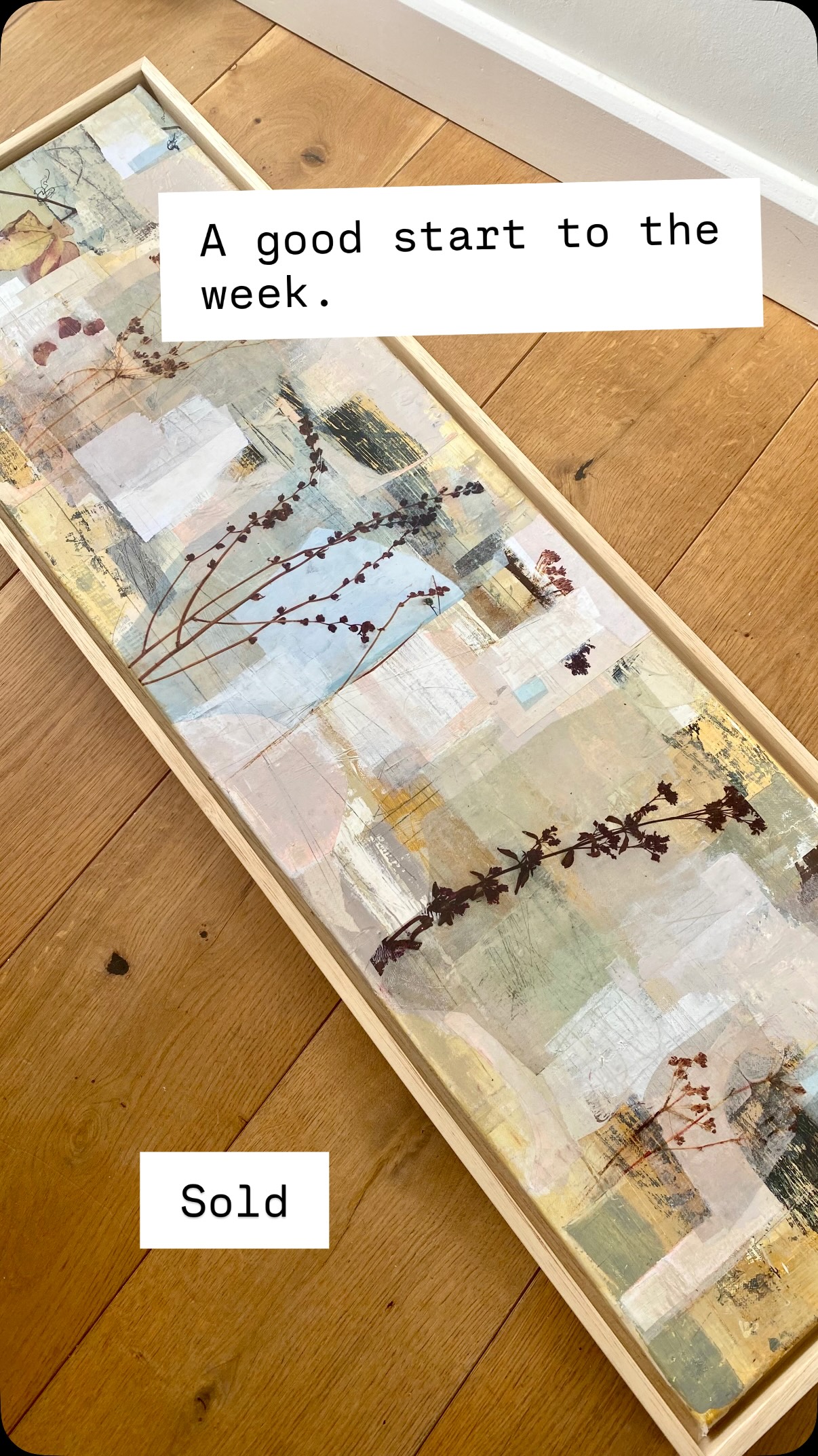 It’s all about CONNECTIONS …read on if you agree.
The best part of creating? When a piece deeply connects with someone else.
I’m always thrilled when a piece of work truly connects with a buyer and becomes the perfect painting for a particular space that they were searching for.
‘Haze of Serenity’ is now on its way to a new home, thanks to @cocointeriorsltd  for bringing the painting and its new owners together. And Thankyou @form.blom for showing my work in their beautiful retail space in Oakham, Rutland where Debbie from @cocointeriorsltd first saw my work.
This multi-layered panoramic semi abstract piece celebrates nature, texture, and atmosphere and was initially inspired by our rambling allotment and the beautiful way nature quietly takes over.
I loved building up the layers in this piece using transparent papers, photography, and spontaneous mark making to evoke that sense of nature entwining, wandering, and growing exactly where it chooses.
So it’s off on another journey soon where I hope it will be very happy!
Art has a way of finding where it belongs. Don’t you think?