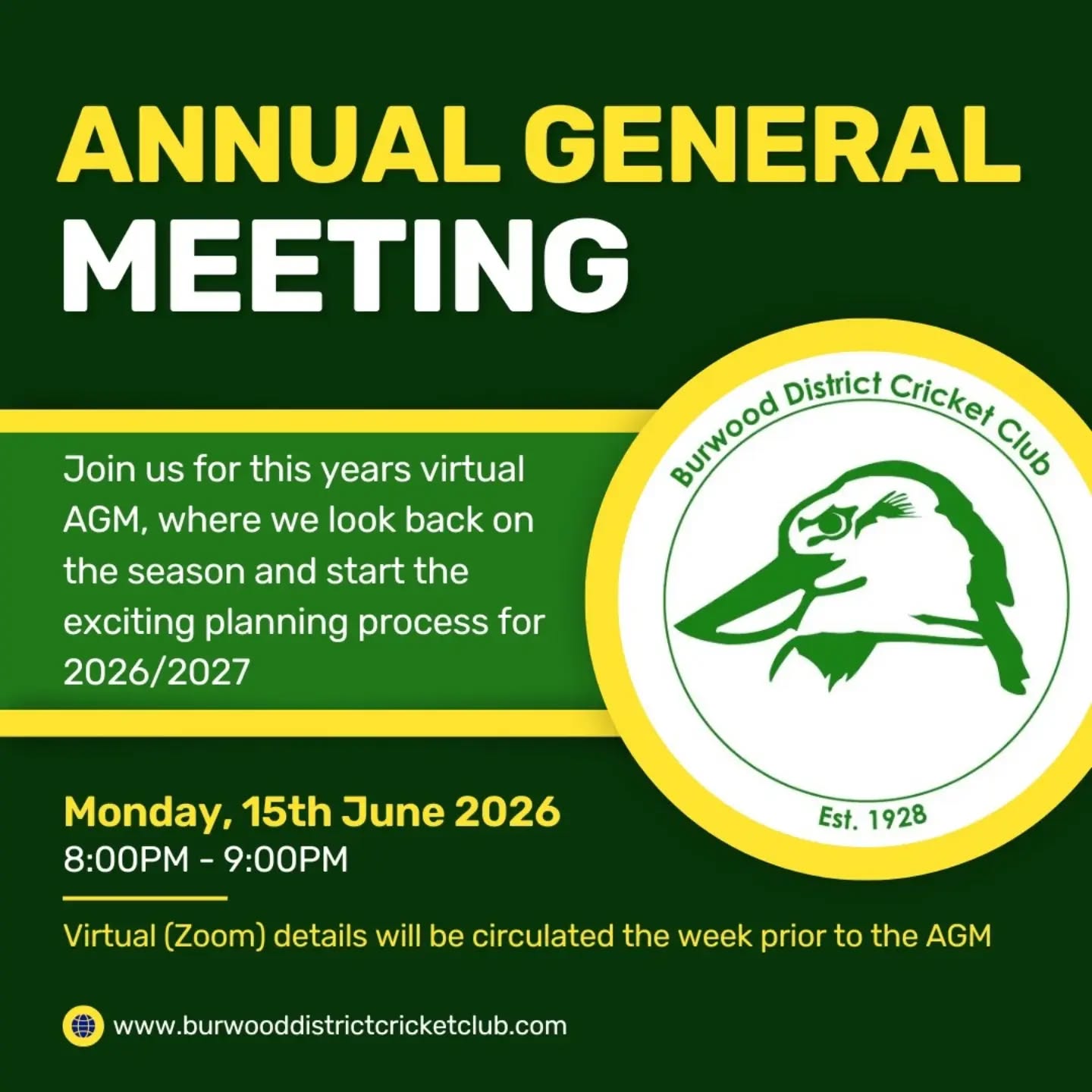 π¨ AGM - June 15 2026 @ 8PM ποΈ
Inviting all our current, past & future members to join us for our 2026 Annual General Meeting. A super exciting phase at the Burra as we inch closer to our 100th anniversary, the redevelopment of the Hartwell Pavilion & much much more!
Join the convo and be a part of the future!
π Season Recap
π Voting of 26/27 Committee
π Life member Nominations
π Future Roadmap
The meeting will be held via Zoom, with details to be circulated a week prior.
#annualgeneralmeeting #communitysports #localcricket