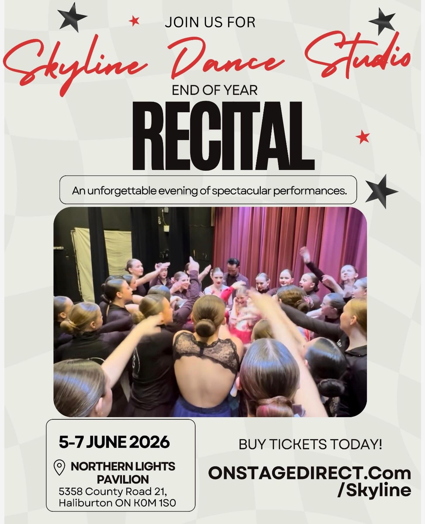 🎟️ RECITAL TICKETS ARE ON SALE NOW! 🎟️
Join us for an unforgettable weekend celebrating all of our dancers and their hard work this season ✨
Show Times:
📍 Friday, June 5, 2026 — 6:00 PM
📍 Saturday, June 6, 2026 — 11:00 AM
📍 Saturday, June 6, 2026 — 6:00 PM
📍 Sunday, June 7, 2026 — 1:00 PM
Get your tickets now at onstagedirect.com/skyline before they sell out! 💙
