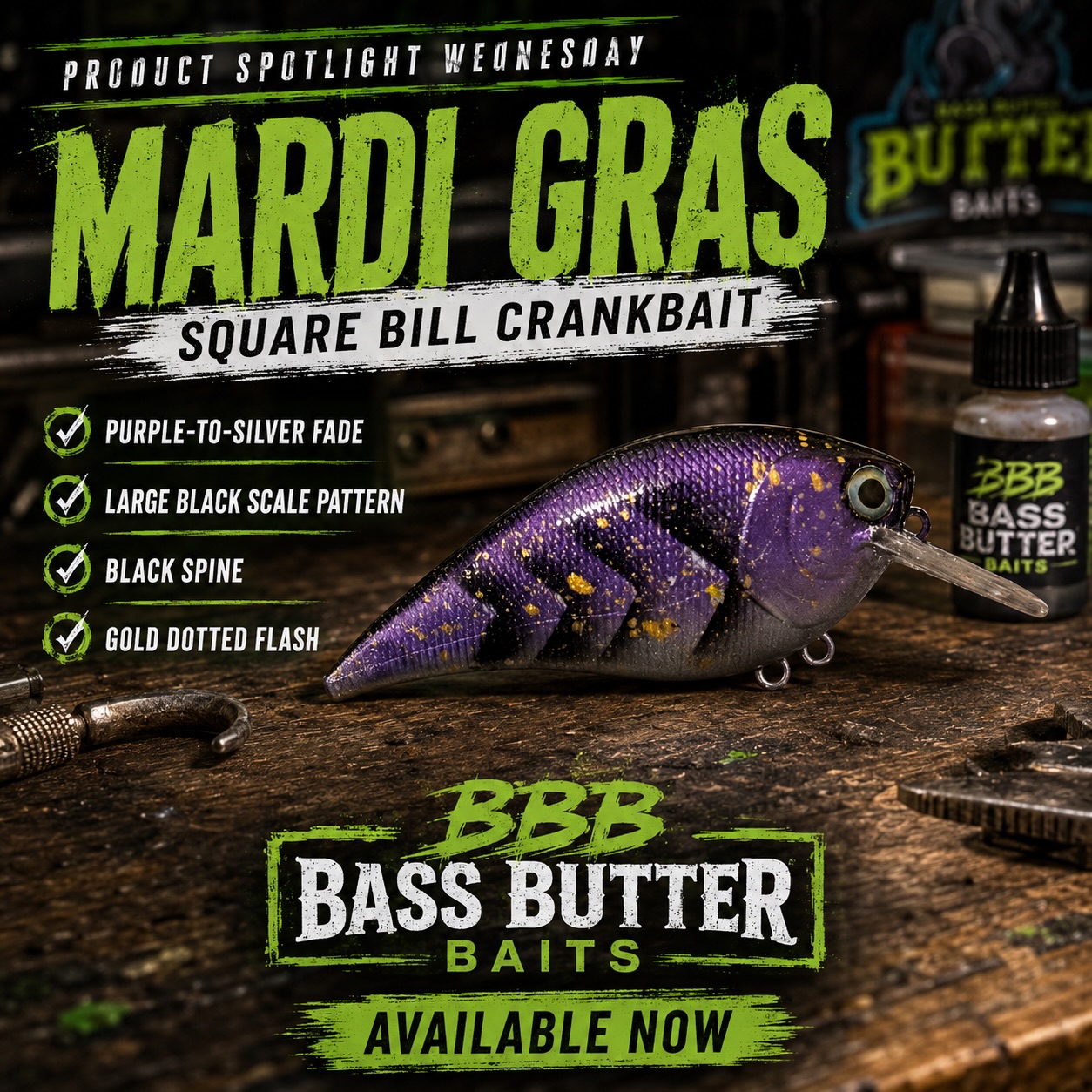 Mardi Gras Square Bill Crankbait 🎭
Purple-to-silver transition, large black scale pattern, black spine, and gold dotted accents for extra flash.
Built for shallow cover, deflections, and reaction bites.
Available now at BassButterBaits.com
#BassButterBaits #ProductSpotlightWednesday #SquarebillCrankbait #BassFishing #crankbaitfishinglures