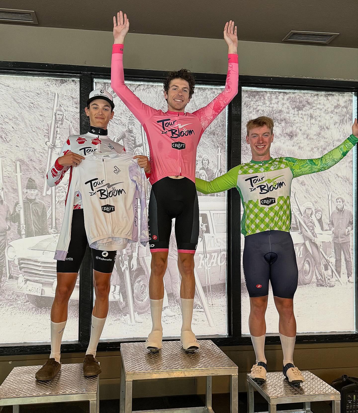 Your elite men’s jersey winners from the 2026 Tour de Bloom.
🌸 Nathan Martin - @speedblockterunprocycling
🍏 Jonah King - @ubccycling
🍎Cameron Hampton - @kbscycling
❄️ Cameron Hampton - @kbscycling
Leaders jerseys graciously provided by @jakroo_official