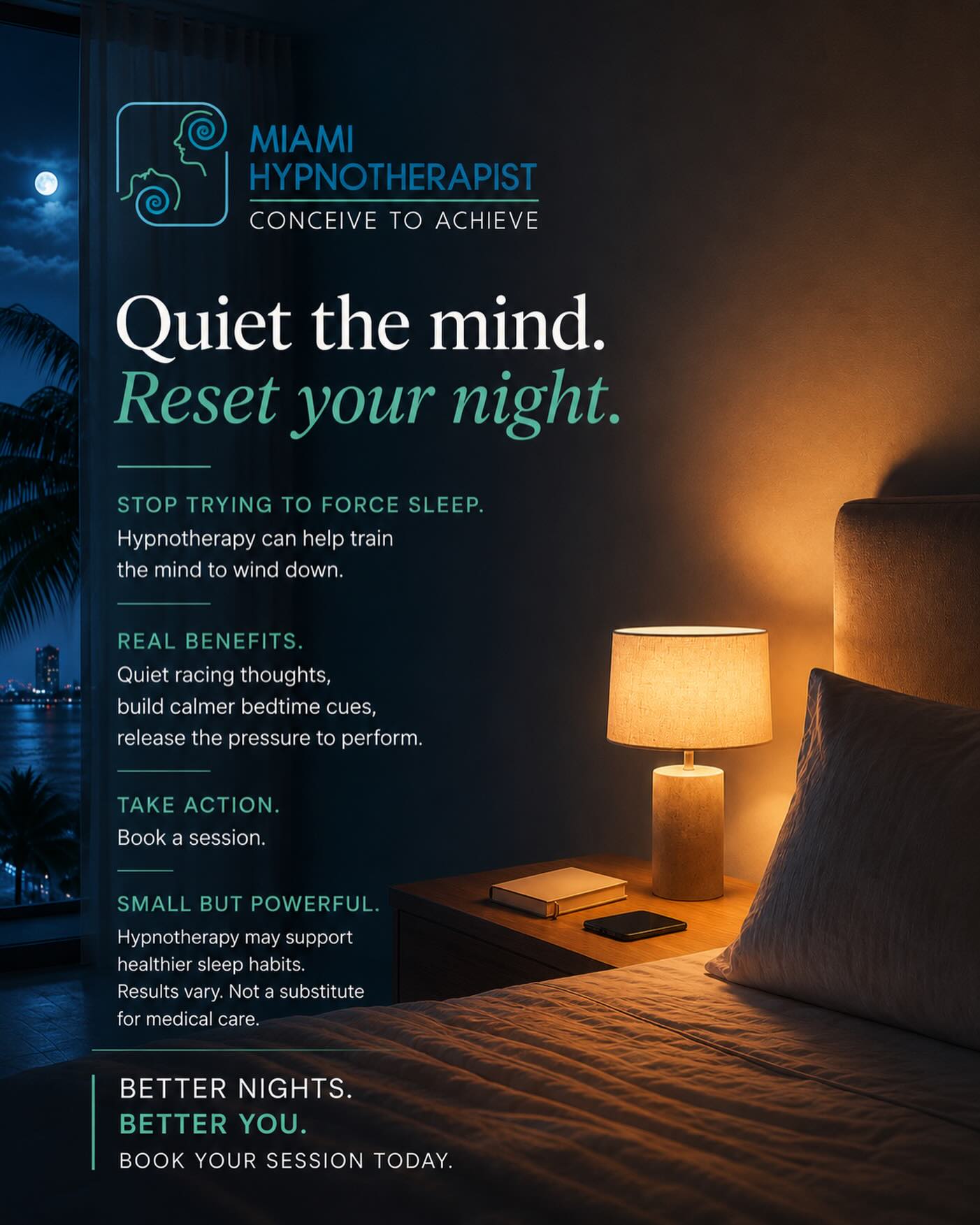 Stop trying to force sleep.
Most people are not struggling with sleep itself — they’re struggling with a mind that never fully lands.
The racing thoughts.
The pressure to “shut off.”
The replaying of conversations, stress, unfinished tasks, and tomorrow’s worries.
Hypnotherapy can help train the mind and body to slow down, release mental noise, and create calmer nighttime patterns so rest begins to feel more natural again.
Quiet the mind.
Reset your night.
Wake up more like yourself.
🌀 Miami Hypnotherapist
Conceive to Achieve
DM me to learn more about hypnotherapy sessions in Miami or online.
#MiamiHypnotherapist #SleepBetter #StressRelief #MentalWellness #HypnotherapyMiami