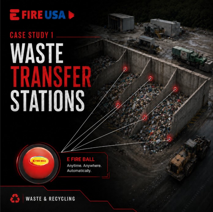 Case Study 1: Waste Transfer Stations
Waste and recycling facilities face constant fire risk from combustible materials like paper, plastics, cardboard, and organic waste.
For remote transfer stations, fires can start inside refuse piles and spread quickly before a response team is able to act.
We recommended E Fire Balls mounted along the interior concrete walls near high-risk refuse areas, providing automatic fire suppression at the source when direct flame contact occurs.
In one Tennessee facility, an E Fire Ball activated within a refuse pile, alerted personnel, and helped prevent the fire from spreading.
Anytime. Anywhere. Automatically.
#EFireUSA #FireSafety #FireSuppression #WasteManagement #Recycling