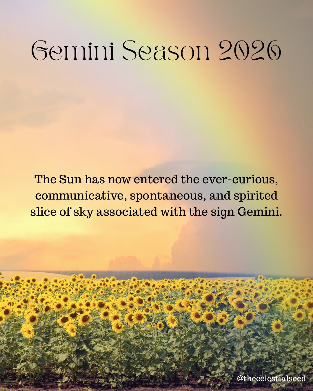 GEMINI SEASON 2026 ✨
The Sun has now entered the ever-curious, communicative, spontaneous, and spirited slice of sky associated with the sign Gemini ☀️♊️.
This Gemini Season promises to be an extra exciting ride, as it kicks off with both the Sun conjoining “great awakener” Uranus AND its planetary ruler, Mercury, traveling “out of bounds” (i.e. beyond the Sun’s path/ecliptic) this Friday, May 22nd. If we’ve been clinging to outdated, limiting, egoic stories about ourselves, our lives, and the possible paths that lie before us (both personally and collectively), THIS is the time to drop our numbingly narrow filters, explore a radically new set of narratives, and plant the seeds for a better, brighter, and likely lighter future.
Mercury will remain out of bounds for most of Gemini Season, gifting us ample time to open and expand our minds (and our lives) before the Sun/our Egos re-enter the mix. So go ahead and question literally everything you’ve been led to believe. Allow unbounded curiosity to take you on an epic adventure. Let your mind roam freely among the stars. Gift yourself the space to explore wild and wondrous new perspectives. Open your heart to the (r)evolutionary element of surprise. And trust that life will blossom and expand to meet you as you embrace a broader view.
This promises to be an alchemical month; overflowing with awakenings, glimpses of enlightenment, and big breakthroughs. So enjoy this wild ride, trust that no idea is too “out there” to be worth exploring, open your mind to powerful new possibilities, and have a galvanizing Gemini Season, my friends!
P.S. Happy birthday to all the Solar Geminis out there! Sending you love, joy, and a freer spirit for this next trip around the Sun 🌻.
🌈🤍 Diana