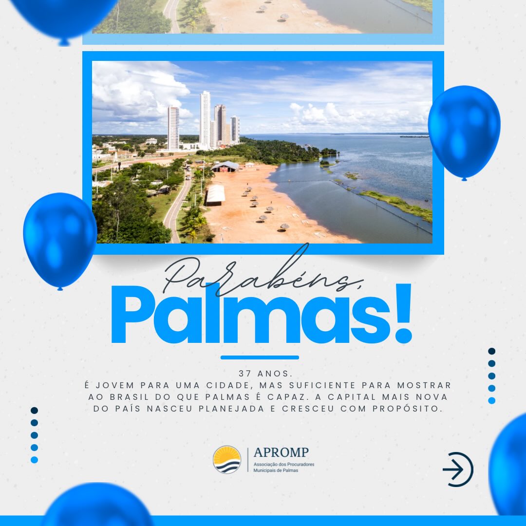 🎂 Palmas completa 37 anos com a força do seu povo e a dedicação de quem a serve. A APROMP celebra esta data com orgulho e renova seu compromisso com a cidade e com os palmenses.
#Palmas37Anos #APROMP #Palmas