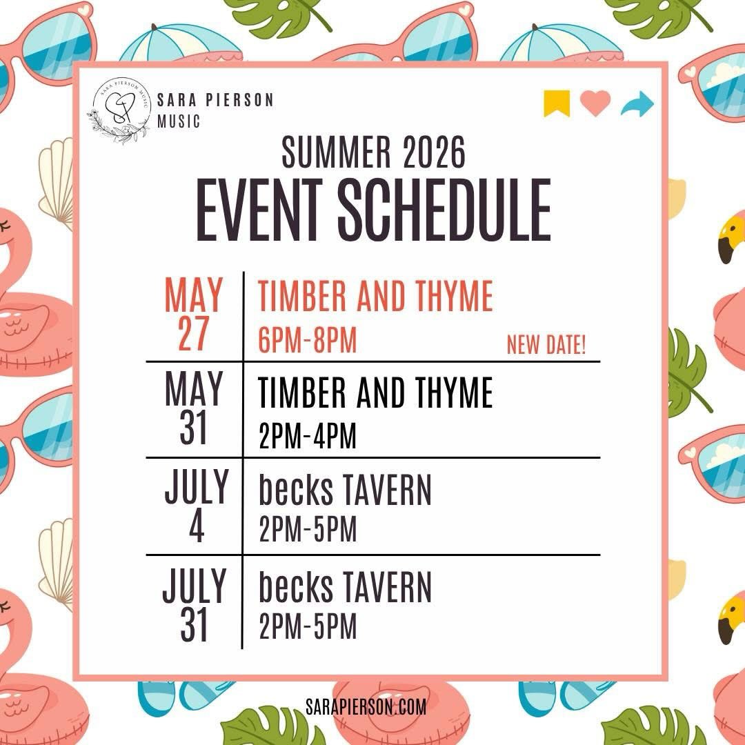 ***UPDATE***
Hey friends! So excited to share my Summer Event Schedule with you! Come out, soak up the sun, and enjoy some live music 🎶
Mark your calendars:
***NEW DATE***
Wednesday, May 27
Timber & Thyme • 6PM - 8PM
Saturday, May 31
Timber and Thyme • 2PM - 4PM
Friday, July 4
becks TAVERN • 2PM - 5PM
Thursday, July 31
becks TAVERN • 2PM - 5PM
Perfect vibes for summer afternoons/evenings! Whether you’re grabbing a bite, having a drink, or just chilling with good music — I’d love to see you there! ❤️
Want to stay in the loop all summer?
Subscribe to my newsletter on sarapierson.com for show announcements and schedule updates right to your inbox.
Who’s coming out this summer? Drop a 🔥 or tag your summer crew below!