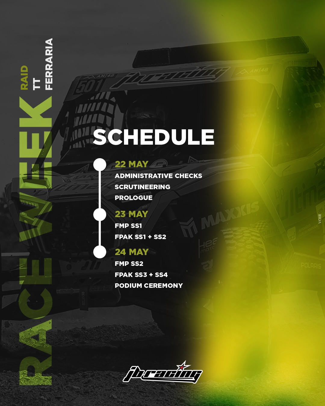 RAID FERRARIA 🇵🇹
📍 Ponte de Sor | May 22–24
Meet our driver line-up for Raid Ferraria, the third round of the Portuguese championship.
#JBRACING #JBFACTORY #FPAK #FMP #SSV