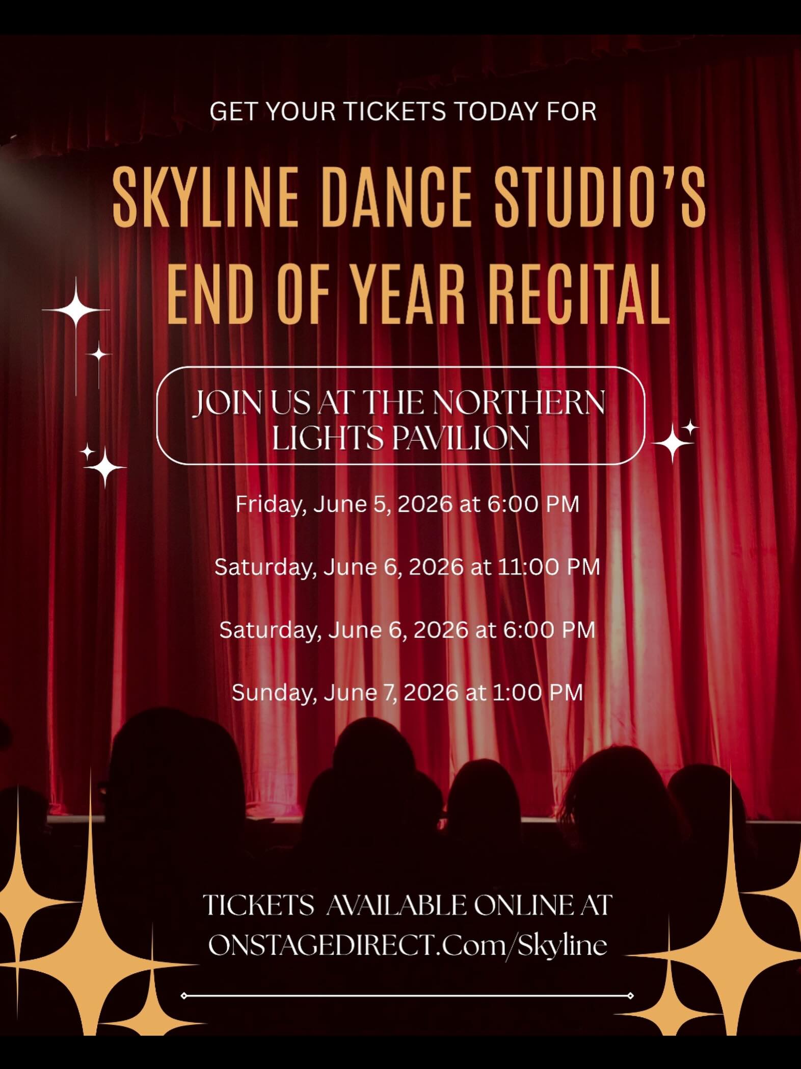 The countdown to recital is ON! ✨
Tickets are officially available for purchase! Come cheer on our amazing dancers as they take the stage for an exciting weekend of performances 💃🕺
🎟️ Tickets: onstagedirect.com/skyline
Show Schedule:
• Friday, June 5 — 6:00 PM
• Saturday, June 6 — 11:00 AM
• Saturday, June 6 — 6:00 PM
• Sunday, June 7 — 1:00 PM
We can’t wait to celebrate this special weekend with you!