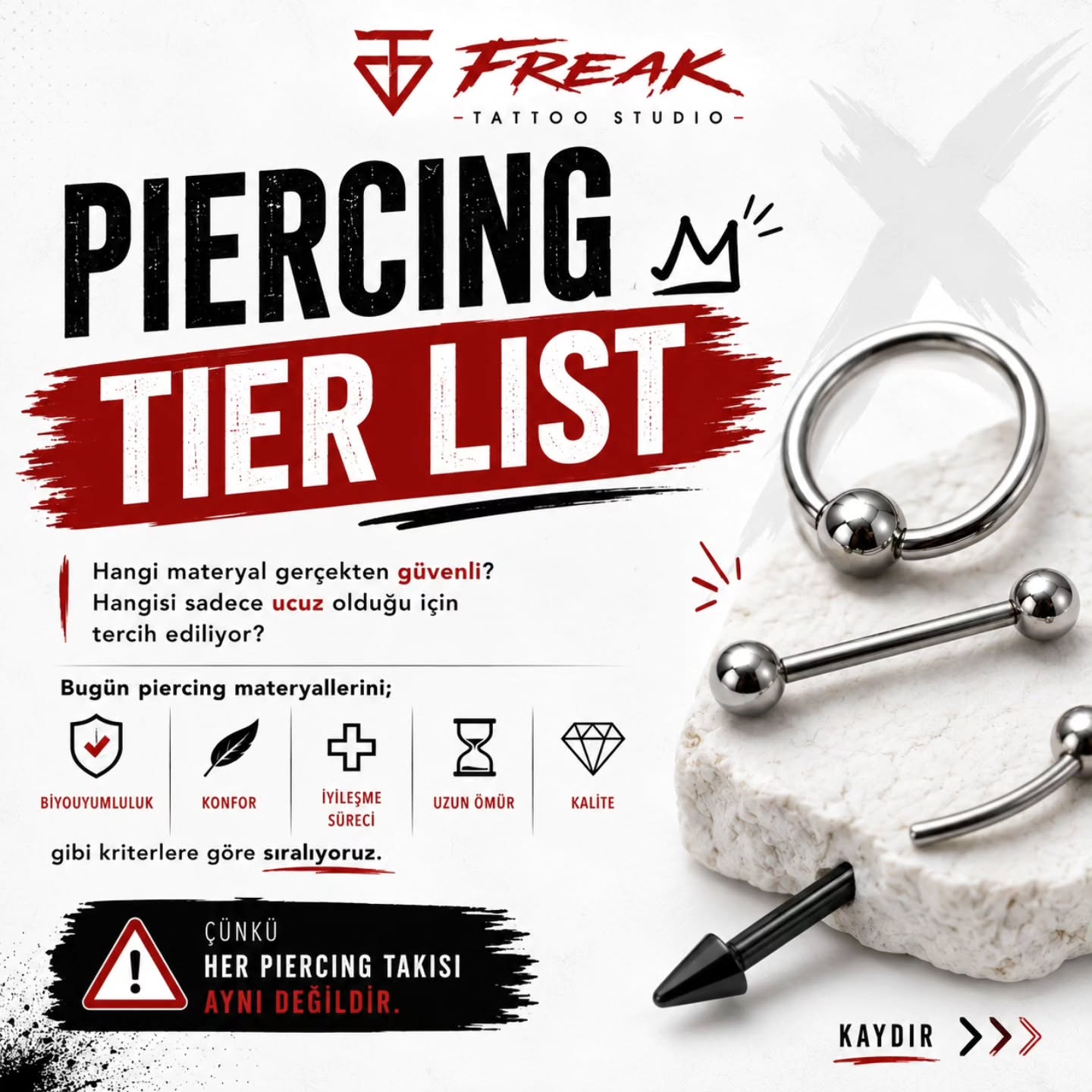 Her piercing aynı değildir.
Takının kalitesi, kullanılan materyal, anatomik uygunluk ve iyileşme süreci sonuçları tamamen değiştirebilir.
Bu piercing tier list’i; iyileşme süreci, ağrı seviyesi, bakım zorluğu ve uzun vadeli kullanım konforuna göre hazırlandı.
Özellikle implant grade titanium ile düşük kaliteli “cerrahi çelik” arasındaki fark, düşündüğünüzden çok daha büyük olabilir. Yanlış takılar; irritasyon, şişlik, kararma ve iyileşmeyen piercing problemlerine yol açabilir.
Piercing sadece görüntü değildir.
Doğru teknik, doğru takı ve doğru bakım uzun vadede her şeyi değiştirir.
Sizce en rahat iyileşen piercing hangisi? 👇
#piercing #piercingturkiye #istanbulpiercing #piercingtips #implantgradetitanium