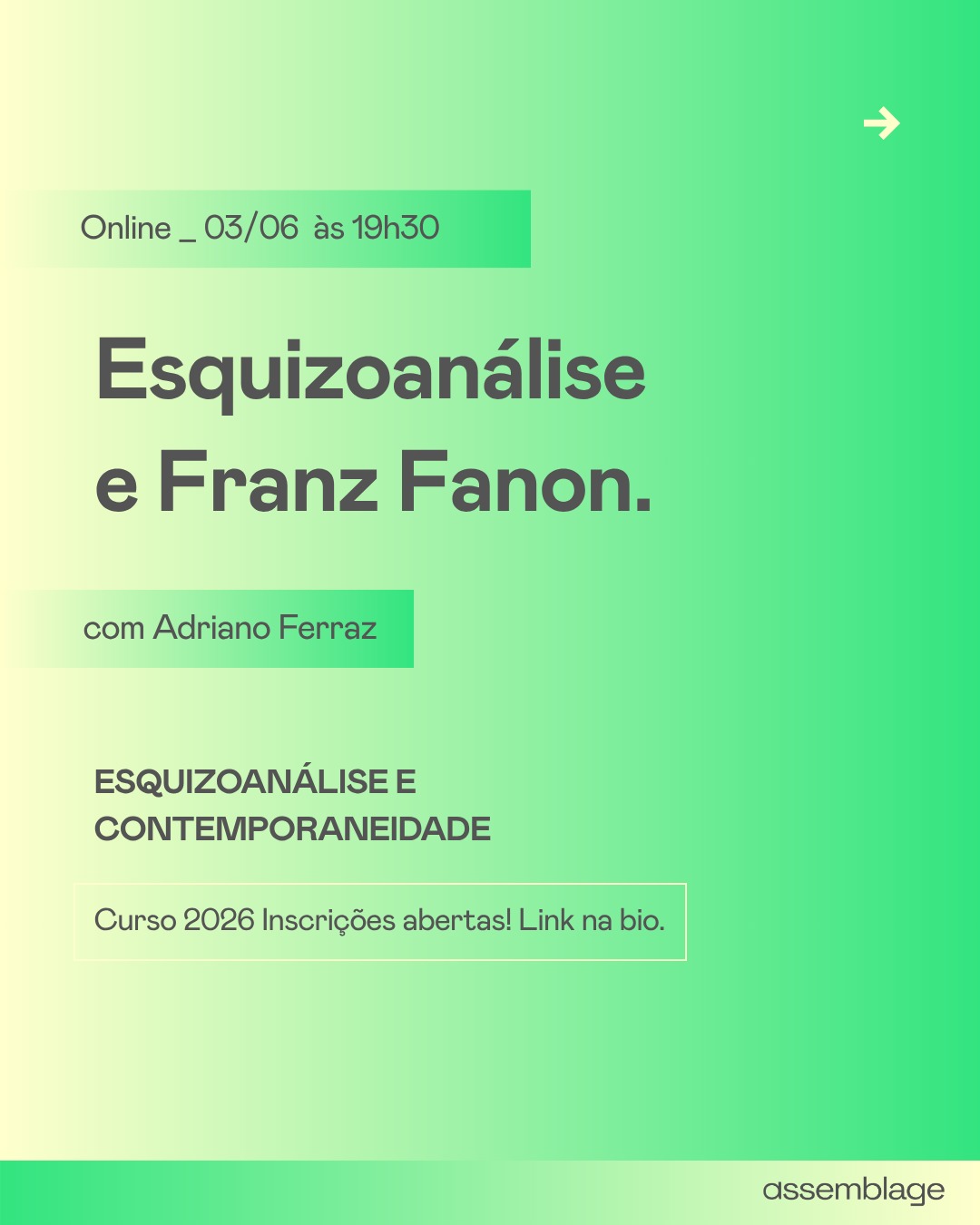 Na próxima quarta (03/06), o pesquisador Adriano Ferraz conduzirá esse encontro entre dois dos pensamentos mais potentes para quem deseja entender e transformar as formas de sofrimento do nosso tempo.
Quarta-feira, 03/06 das 19h30 às 21h30 On-line.
Conheça o curso no link da bio.
Participe!
#FranzFanon #Esquizoanálise #DeleuzeEGuattari #FilosofiaDecolonial #PsicanáliseCrítica #FilosofiaContemporânea
