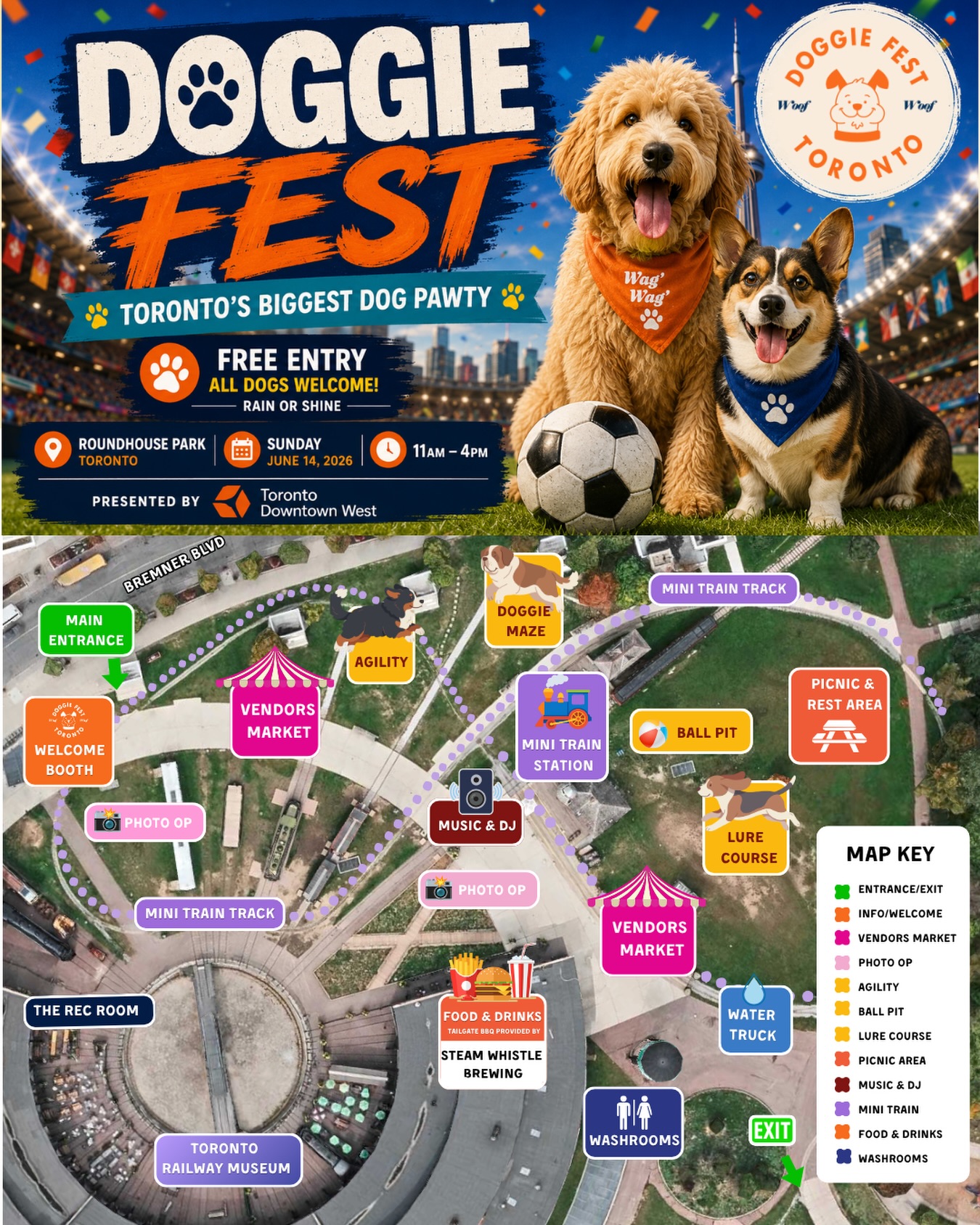 🐾🗺️ THE OFFICIAL DOGGIE FEST 2026 FLOOR MAP IS HERE 👀⚽️
Over 35+ amazing vendors, activities, photo ops, live entertainment, giveaways, treats, shopping & nonstop tail-wagging fun all in ONE place 🧡
From the giant ball pit 🐶 to the lure course 🎾, agility zone, live sketching 🎨, caricatures, mini train 🚂, mascot appearances & our soccer-themed fan zone ⚽️🏆 — this is your dog’s best day of the summer.
Save the map, plan your visit & get ready for the cutest event of the year 🌎🐕
📍Roundhouse Park, Toronto
📅 Sunday, June 14, 2026
⏰ 11AM – 4PM
🎟 FREE Admission
SEE YOU THERE🔥