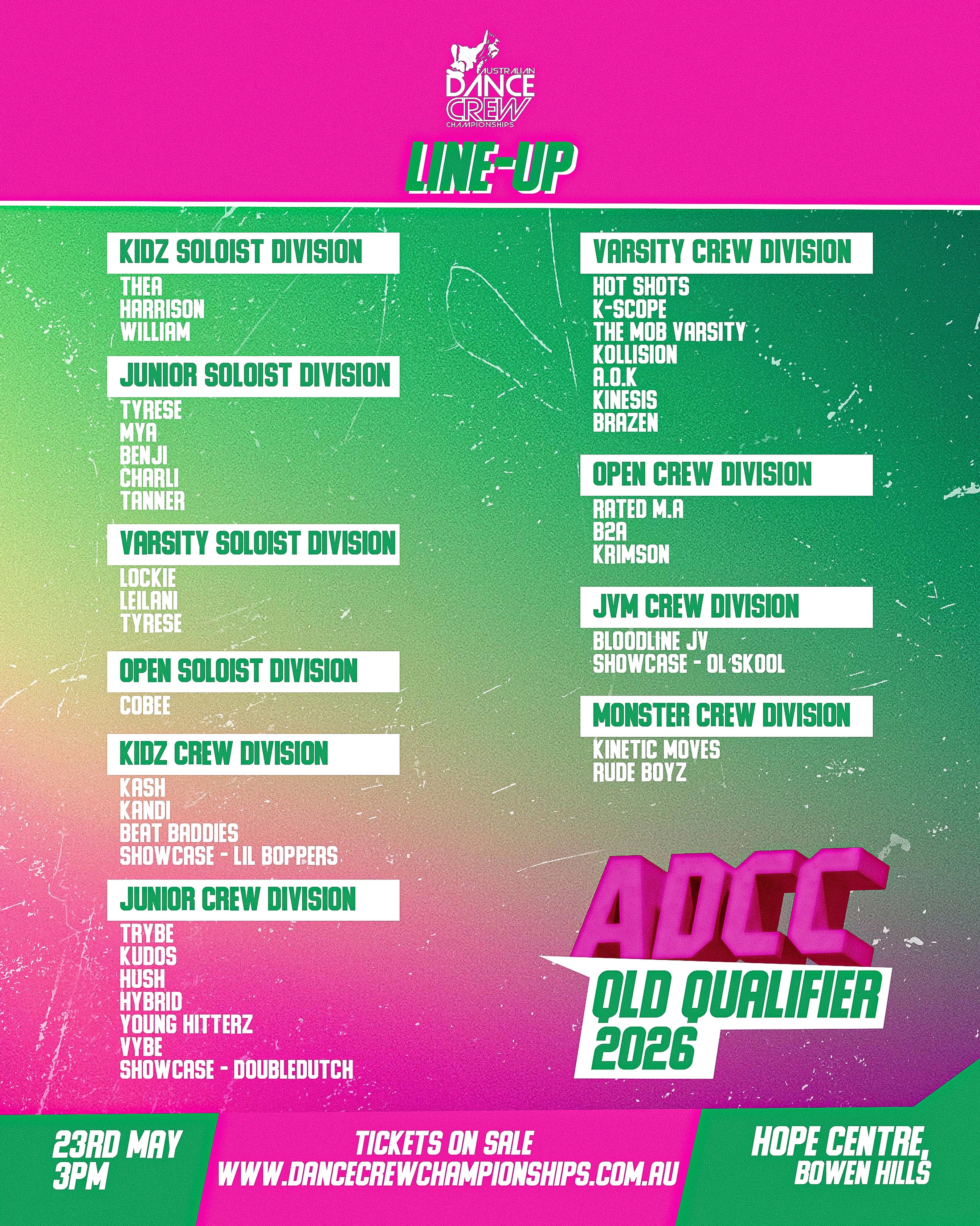 Game day QLD!! 🔥
Introducing our lineup of Crews & Soloists hitting the stage today for our big Qualifier 💥
🕒 3PM
📍 Hope Centre
Who’s securing their spot at the 2026 Finals? Only time will tell… 👀 Lesssgo dancers. we can’t wait to see what you bring to the stage today! 😤