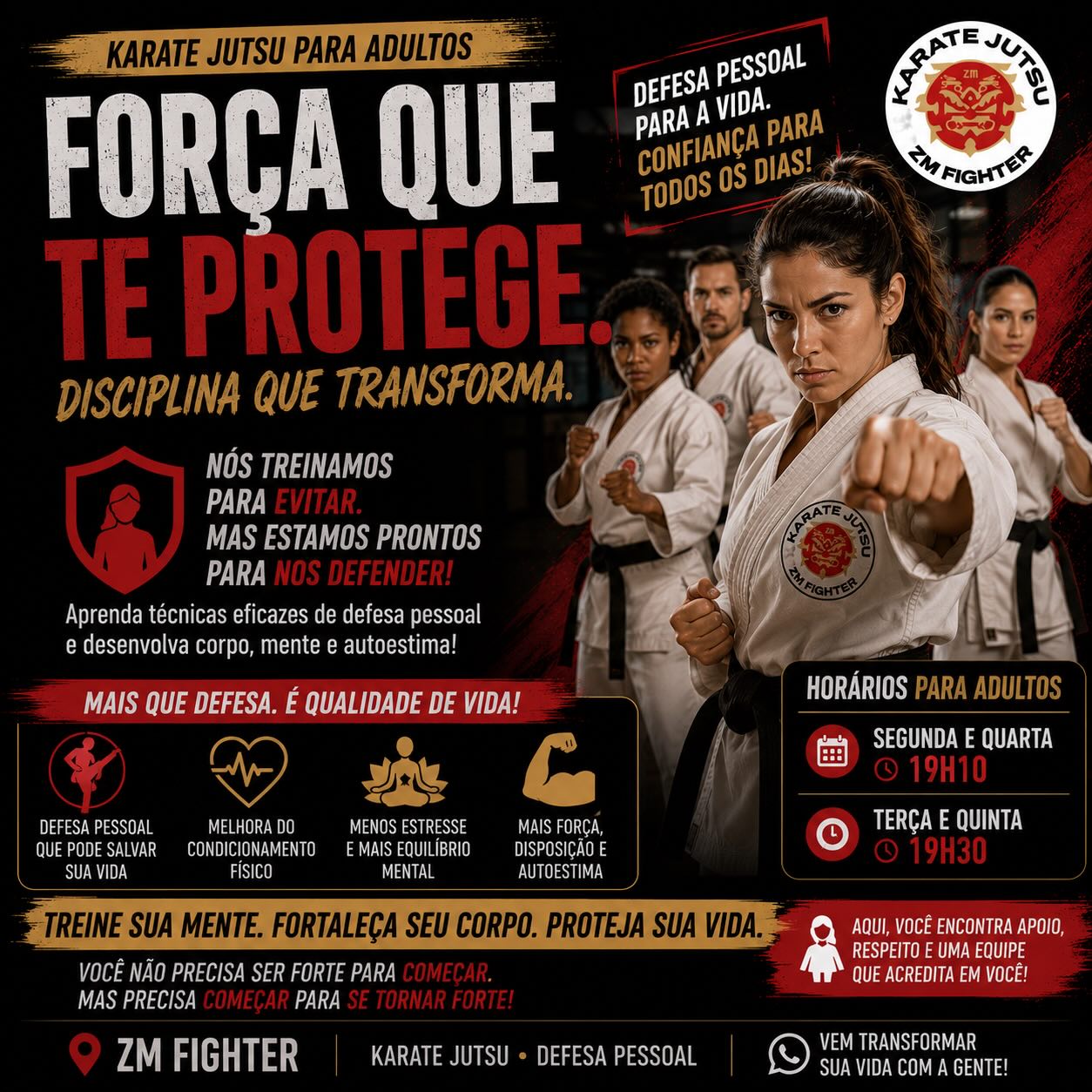 NÃO EXISTE TEMPO OU IDADE PARA COMEÇAR
Como você quer viver amanhã?
Com medo ou sem condições de cuidar de si?
Venha treinar na ZM FIGHTER, mais que defesa pessoal. É qualidade de vida, disciplina e confiança para viver melhor.
Esperamos você. Marque sua aula experimental e mude a sua rotina.
#karatejutsu #defesapessoal #qualidadedevida #respeitocomasmulheres