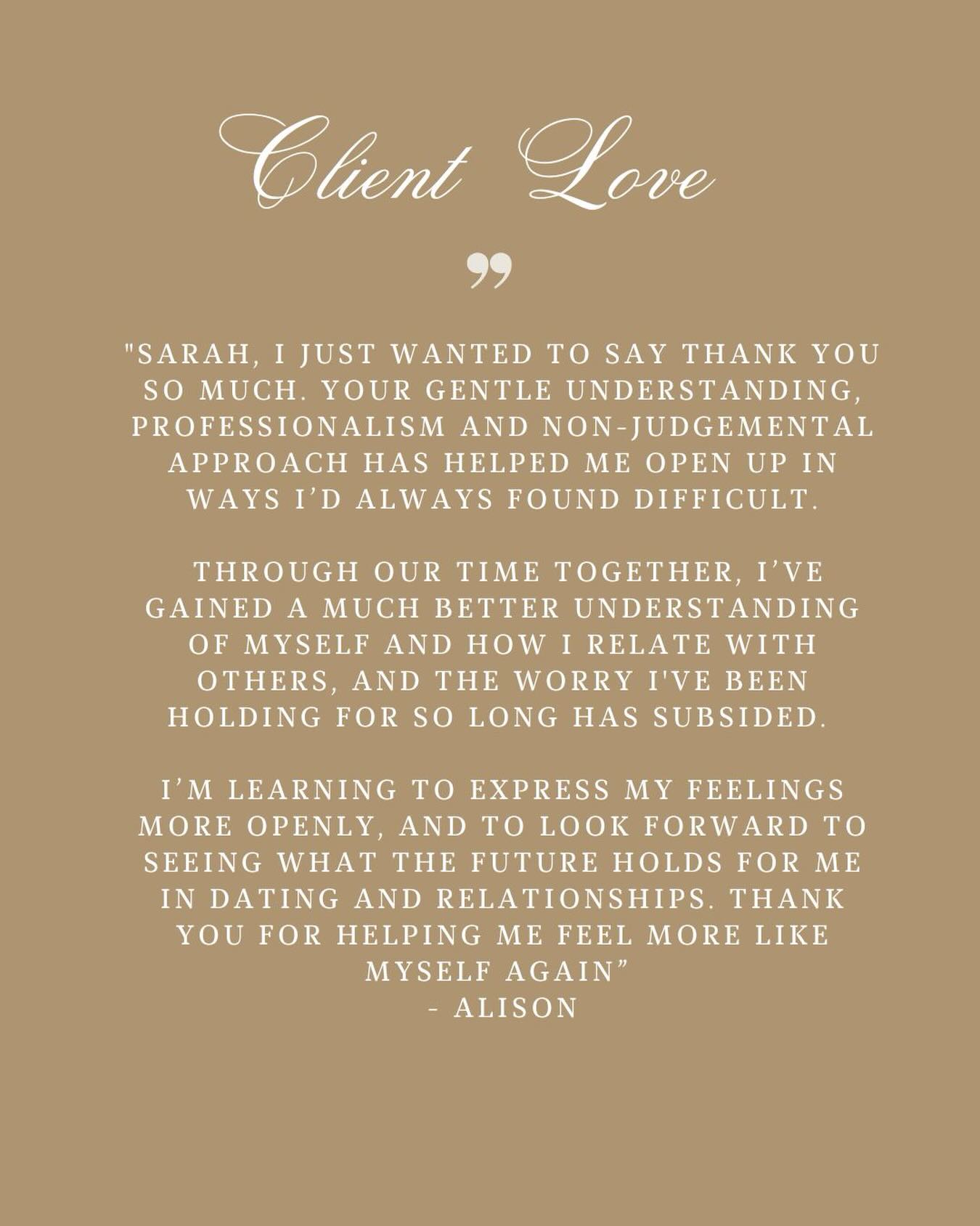 Such beautiful words 💌 Grateful for the lovely humans I get to be in service to.
Thank you for sharing these words with me - your kindness and willingness to show up for yourself has enabled the work; it was always within you. 🫶
#lovelife #relationships #therapeutichelp #relationshipcoach #wellness