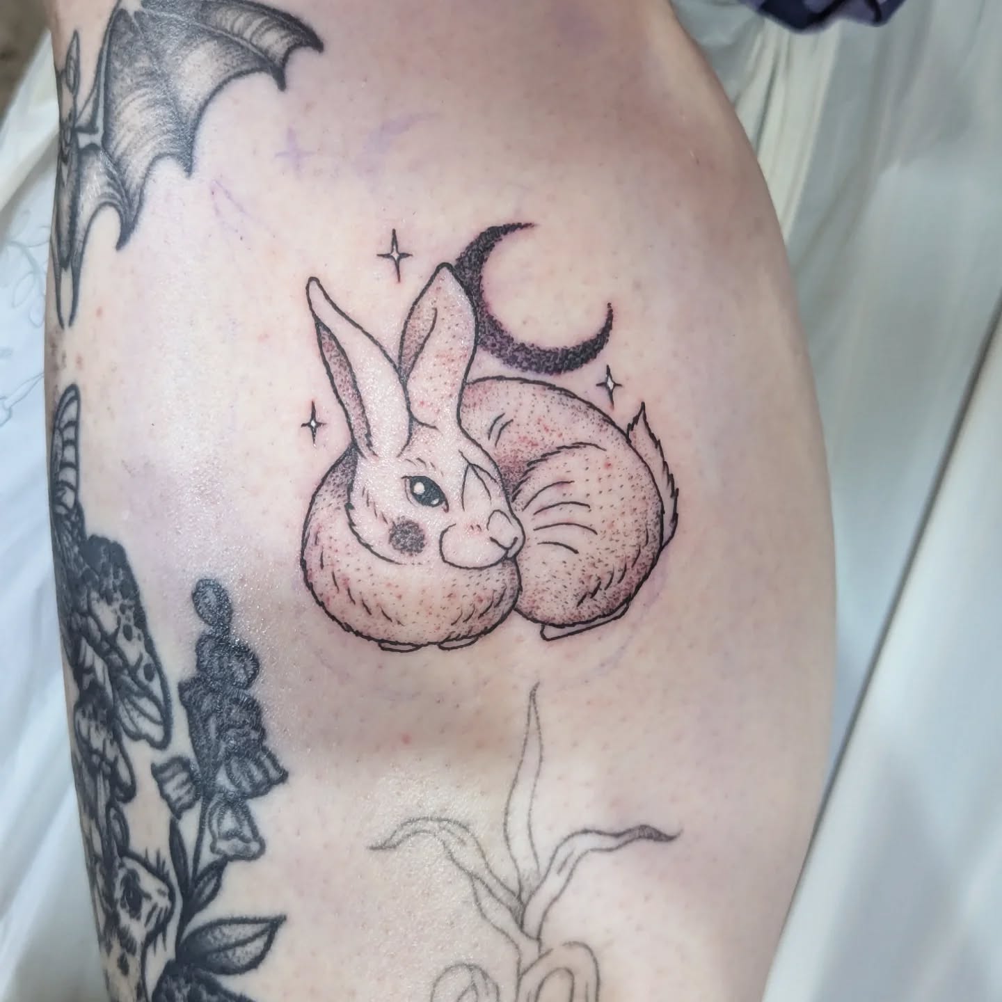 Celestial bunny for Beth made at the Big North Tattoo Show ✨ Beth sent me some of my flash from a couple years ago, so I updated it as my style has evolved.
Loved talking about wildlife and ecology with you, thanks so so much for choosing this lil critter to add to your collection 🌱🐇🐰
Always happy to re-draw or reinterpret previous designs I have done! I don't repeat my flash or designs, so each piece is unique to you ☺️
I have space left in Newcastle on Friday 29th May at @evergreentattoos and spaces left in May in Edinburgh! Booking for June-August too
Either fill in the enquiry form in my bio or email me at booking@ericattattoo.com
Eco conscious tattooing using biodegradable supplies from @ecotatpro @killerinktattoo @goodjudy.ca and biodegradable cartridges from @magicmoon_tattoo_supply @starrtattoosupplies
machine from @fkirons
#edinburghtattoo #edinburghtattooartist #tattooedinburgh #tattoonewcastle #bunnytattoo