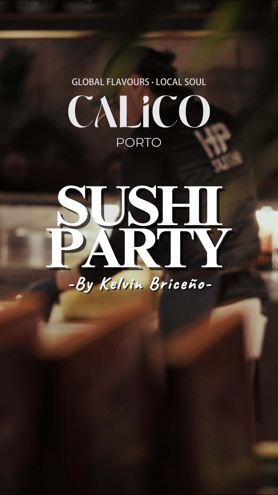 Sushi Party Calico — 3ª Edição
Uma noite onde o sushi, a música e a energia do Calico se encontram para criar uma experiência única no coração do Porto.
O nosso Menu tradicional seguirá disponível toda a noite.
29 de maio — Sexta-feira
Abertura de portas: 19h00
Serviço de jantar até às 23h00
Encerramento: 02h00
Chef convidado: Kelving Briceño
Menu Degustação Japonês — 40€ por pessoa
Bebidas não incluídas
Entradas
Ceviche com leite de tigre
Gyoza de camarão — 2 un.
Taco de salmão — 1 un.
Tataki de salmão — 3 fatias
Principal
Seleção de Sushi — Escolha do Chef
Inclui sashimi, nigiri, rolls tradicionais e hot rolls
Sobremesa
Mousse de wasabi & pistache
Line Up
19h00 — Opening Set — AJ DJ
22h30 — DJ Supehyme B2B DJ Mannara
Closing Set — DJ DaniRivera B2B DJ BlackJapo
Rua da Meditação, 70 — Porto
Reservas recomendadas através do site.
🇬🇧
Sushi Party Calico — 3rd Edition
A night where sushi, music and the Calico atmosphere come together to create a unique experience in the heart of Porto.
May 29th — Friday
Doors open: 7pm
Dinner service until 11pm
Closing: 2am
Guest Chef: Kelving Briceño
Japanese Tasting Menu — €40 per person
Drinks not included
Starters
Ceviche with leche de tigre
Prawn gyoza — 2 pcs
Salmon taco — 1 pc
Salmon tataki — 3 slices
Main Course
Chef’s Sushi Selection
Including sashimi, nigiri, traditional rolls and hot rolls
Dessert
Wasabi & pistachio mousse
Line Up
7pm — Opening Set — AJ DJ
10:30pm — DJ Supehyme B2B DJ Mannara
Closing Set — DJ DaniRivera B2B DJ BlackJapo
Rua da Meditação, 70 — Porto
Reservations recommended through our website.
#calicoporto #restaurante #bar #porto #sushiparty