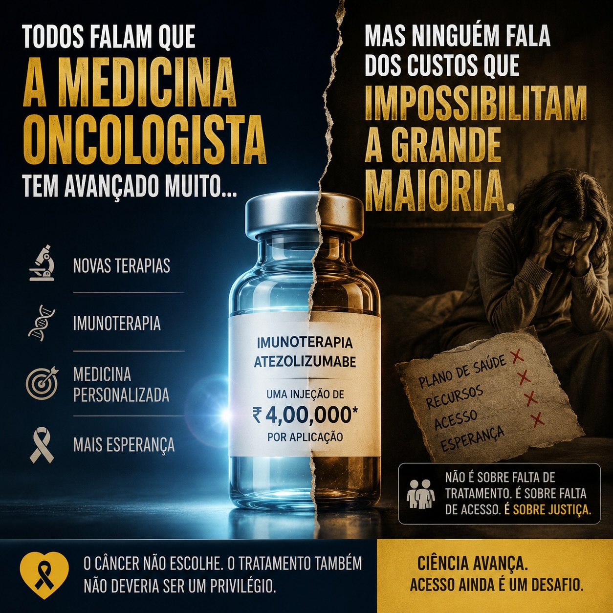 Imunoterapias como o atezolizumabe não são uma “cura universal”. Elas ajudam o sistema imune a reconhecer e combater tumores específicos em determinados pacientes.
A resposta varia muito, alguns pacientes têm respostas extraordinárias e duradouras, outros apresentam resposta parcial ou nenhuma resposta.
O valor de ₹4,00,000 (~R$ 26–28 mil aproximadamente, dependendo do câmbio) pode representar uma aplicação em alguns contextos, mas o tratamento geralmente envolve múltiplos ciclos.
Existem tratamentos modernos impressionantes, imunoterapia, CAR-T, anticorpos biespecíficos, terapias celulares, vacinas personalizadas, porém a medicina caminha cada vez mais para algo muito diferente de “uma cura para todos”, ela está indo para tratamentos personalizados.
Entenda, não existe uma única injeção capaz de curar todos os tipos de câncer.
Mas existe algo extraordinário acontecendo:
Estamos entrando em uma era em que a ciência começa a ensinar o próprio sistema imunológico a reconhecer e atacar tumores.
Imunoterapias estão mudando histórias, prolongando vidas e trazendo esperança para pacientes que, anos atrás, tinham poucas opções.
O desafio agora não é apenas desenvolver tratamentos mais inteligentes.
É torná-los acessíveis.
Porque o câncer não testa apenas o corpo.
Ele testa famílias, emoções, fé… e muitas vezes a realidade financeira de quem luta para continuar.
A ciência está avançando.
Agora precisamos que o acesso acompanhe esse avanço.#câncer #imunoterapia#oncology.🧘♀️🧬