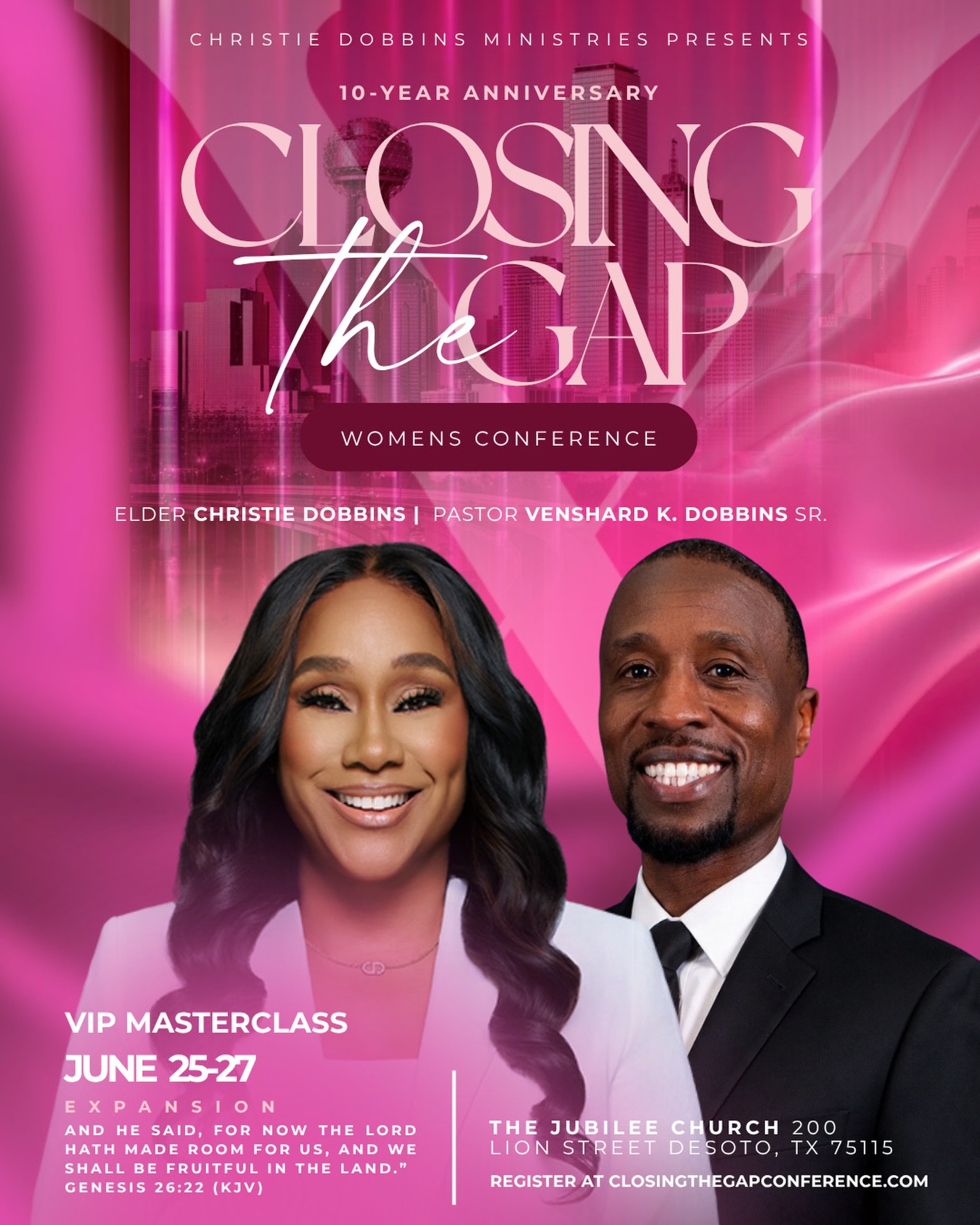 We are 35 days away from the Closing the Gap Women’s Conference 2026!
This year’s theme is EXPANSION, rooted in Genesis 26:22: “For now the Lord hath made room for us, and we shall be fruitful in the land.”
VIP registration includes our 3-Hour MasterClass on Thursday, June 25, from 2:00-5:00pm. Pastor @vensharddobbins and I will be tag-team teaching this class designed to equip, challenge, and position you for what God is saying, and doing, in this season.
Pastor V is not only a pastor and leader, he is a seer and strategist with a gift for bringing clarity, wisdom, and practical insight to the Body of Christ. I believe he carries a timely word to launch this conference with strength and direction. Join us next month.
Closing the Gap Women’s Conference 2026 June 25–27, 2026 | The Jubilee Church | DeSoto, Texas
VIP MasterClass Thursday, June 25 | 2:00 PM – 5:00 PM
Gather your sisters, daughters, mentees, and friends, and meet us there.
Register today at closingthegapconference.com
.
.
.
#closingthegap #christiedobbinsministries
