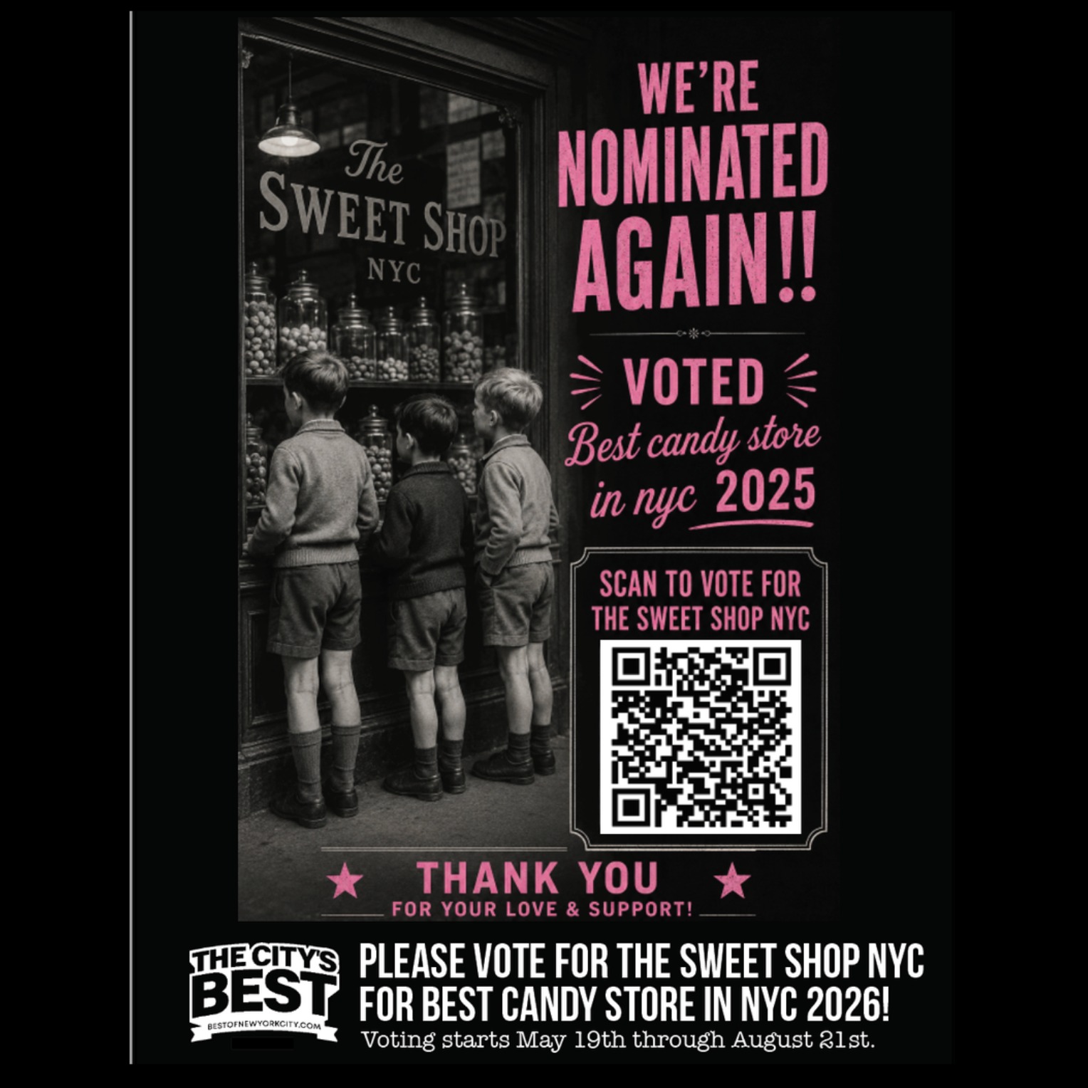 THANKS SWEETIES!!!
We're so honored to have been nominated again for BEST CANDY STORE IN NYC for 2026, thanks to all of you for your love and sweet support!
You can vote EVERYDAY, all summer long! Just scan the QR code for a direct link to The City's BEST website to place your vote.
Thanks again for supporting our small family business, it means the world to us!
#BestCandyStore #NYCCandy #TheSweetShopNYC #UESNYC #CandyLovers