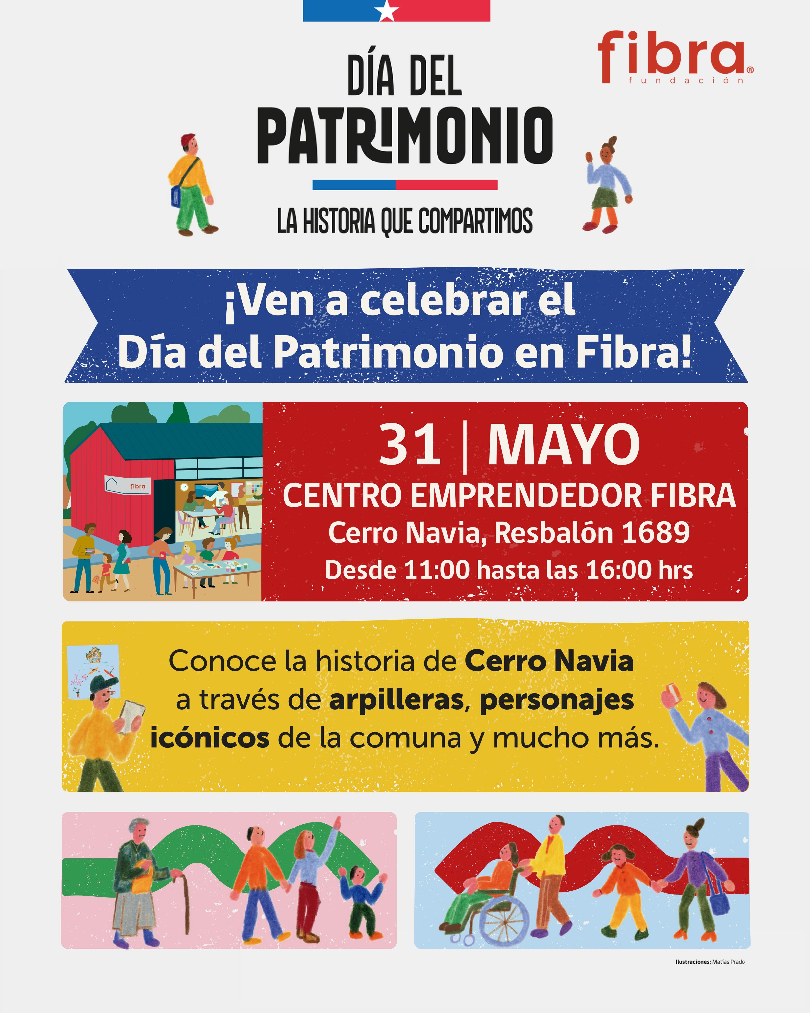 ✨ ¡𝗘𝗻 𝗙𝗶𝗯𝗿𝗮 𝗰𝗲𝗹𝗲𝗯𝗿𝗮𝗺𝗼𝘀 𝗲𝗹 𝗗í𝗮 𝗱𝗲𝗹 𝗣𝗮𝘁𝗿𝗶𝗺𝗼𝗻𝗶𝗼! ✨
Queremos invitar a toda la comunidad a vivir una jornada llena de historia, encuentro y actividades para toda la familia en nuestro 𝗖𝗲𝗻𝘁𝗿𝗼 𝗘𝗺𝗽𝗿𝗲𝗻𝗱𝗲𝗱𝗼𝗿. 💛
Será un espacio poner en valor el patrimonio que construimos entre todas y todos 🏘️🤝
Tendremos actividades familiares, espacios de encuentro y experiencias pensadas para celebrar el sentido de comunidad que nos une 🙌✨
📌 𝗥𝗲𝗰𝘂𝗲𝗿𝗱𝗮:
📅 Fecha: Domingo 31 de mayo
⏰ Horario: 11:00 a 16:00 hrs
📍 Lugar: Centro Emprendedor Cerro Navia, Resbalón 1689 (galpón rojo) ❤️
¡Te esperamos para celebrar juntos la historia, identidad y cultura de nuestra comuna! 🌿
#DíaDelPatrimonio #Fibra #CentroEmprendedor #CerroNavia
