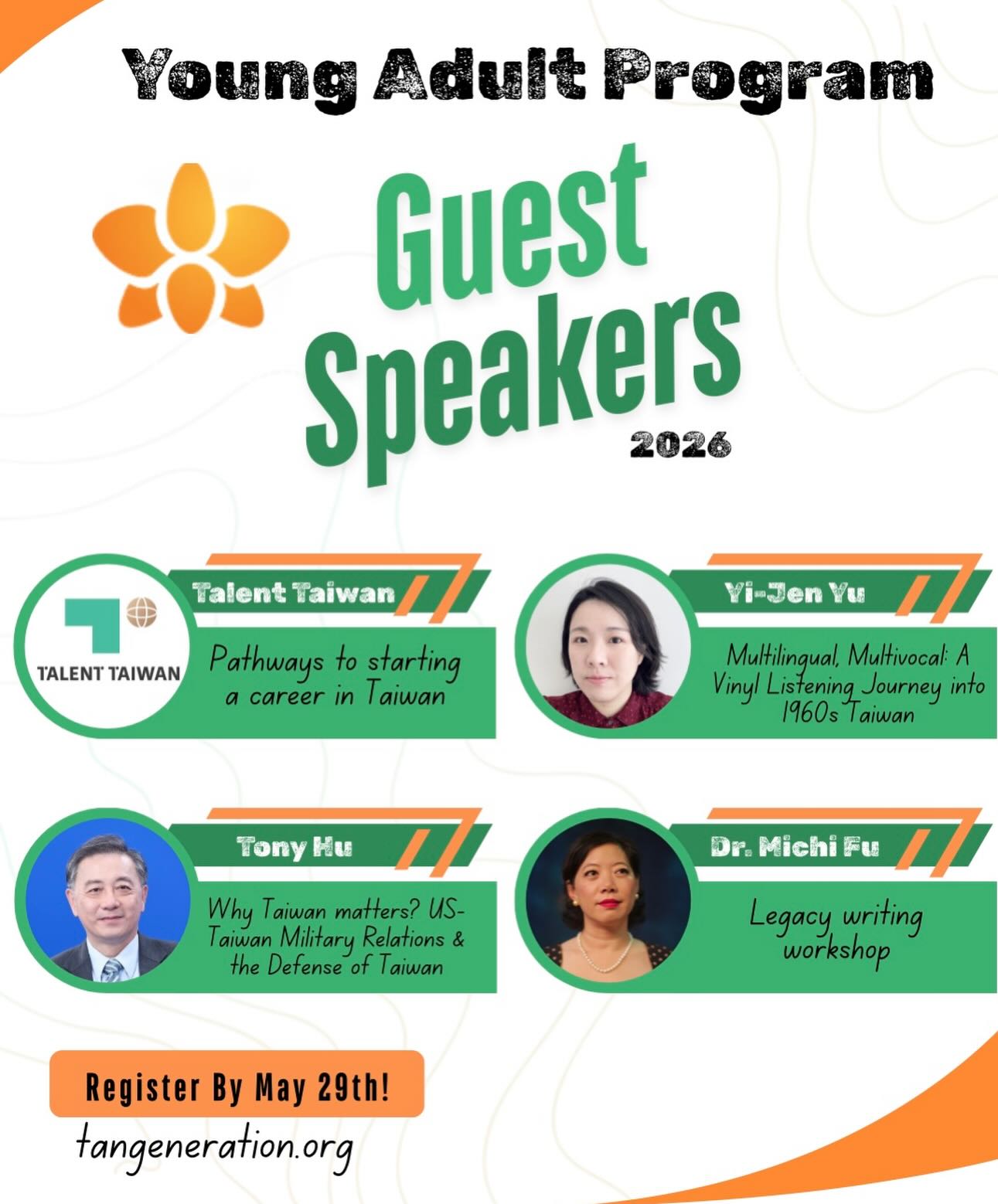 A peak into what’s in store this summer for the Young Adult’s program! …and, there’s more to come! 🤸♂️🌿☀️🎯 Regular registration is open until May 29th (avoid the late fee)! Hope to see you there!
And here are some words from our guest Yi-Jen Yu on why she’s looking forward to TANG:
“I’ve always found the perspective of Taiwanese Americans deeply unique and meaningful. As my Taiwanese American cousin once put it, the point is not having to choose between being Taiwanese and American, but being able to be both. I believe TANG represents a vital form of Taiwan’s diverse identities, and I hope to build stronger connections with you: to share the Taiwan I know, while learning from your experiences and supporting the different ways people understand and pursue freedom within Taiwanese communities around the world.” 🗺️