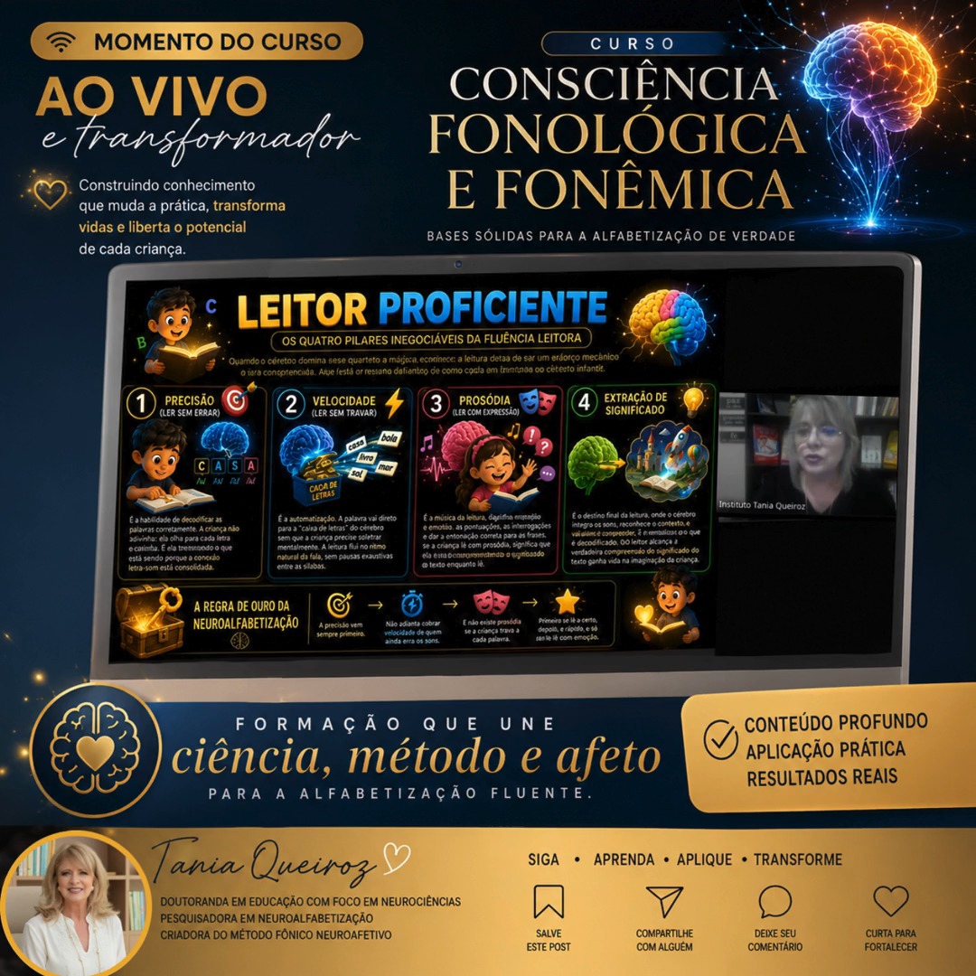Para que se forme um leitor proficiente, não basta a criança “conhecer as letras”. Ela precisa desenvolver, passo a passo, os quatro pilares da fluência leitora.
A precisão é o primeiro deles. O aluno precisa ser capaz de decodificar as letras por meio dos sons, compreendendo que cada grafema representa um fonema. Quando essa conexão letra-som está consolidada, a criança deixa de adivinhar palavras pela imagem, pelo contexto ou pela memória visual e passa a ler exatamente o que está escrito.
Depois vem a velocidade, que nasce da prática e da automatização. A leitura deixa de ser lenta, silabada e cansativa, porque o cérebro começa a reconhecer padrões com mais rapidez.
A prosódia aparece quando a criança lê com ritmo, pausa, entonação e expressão. Ela deixa de apenas “soar palavras” e começa a dar vida ao texto.
Por fim, acontece o acesso ao significado: a criança compreende o que lê. A leitura deixa de ser um esforço mecânico e se transforma em pensamento, imaginação e aprendizagem.
Sem precisão, não há fluência verdadeira.
Sem fluência, a compreensão fica comprometida.
Por isso, alfabetizar é construir o caminho cerebral que transforma letras em sentido.
#conscienciafonologica #consciênciafonêmica #fluêncialeitora #metodofonico #neuroalfabetização #neurociênciadaleitura #alfabetização #pedagogia #educaçãoinfantil #professoralfabetizador #formaçãodocente #leiturafluente #educacaotransformadora #institutotaniaqueiroz