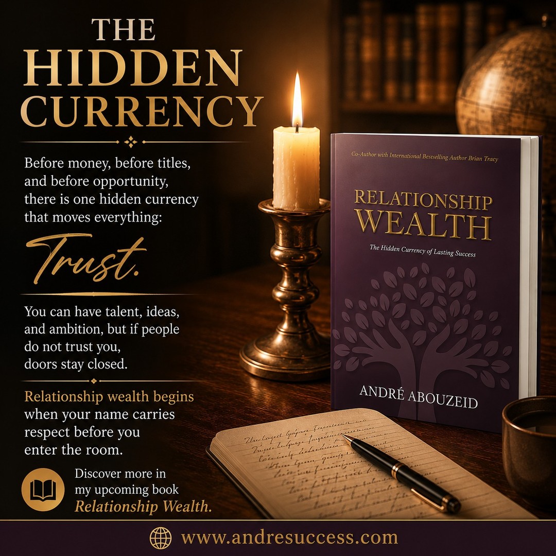 The most valuable currency in life is often invisible.
Trust.
Respect.
Reputation.
Relationships.
Long-term opportunities rarely begin with transactions.
They begin with people believing in your name.
One of the powerful lessons explored in my upcoming book "Relationship Wealth".
Learn more: www.andresuccess.com
#RelationshipWealth #Trust #Leadership #Networking #Entrepreneur #BusinessGrowth #SuccessMindset #PersonalBrand #Mindset #RelationshipBuilding #AndreAbouzeid