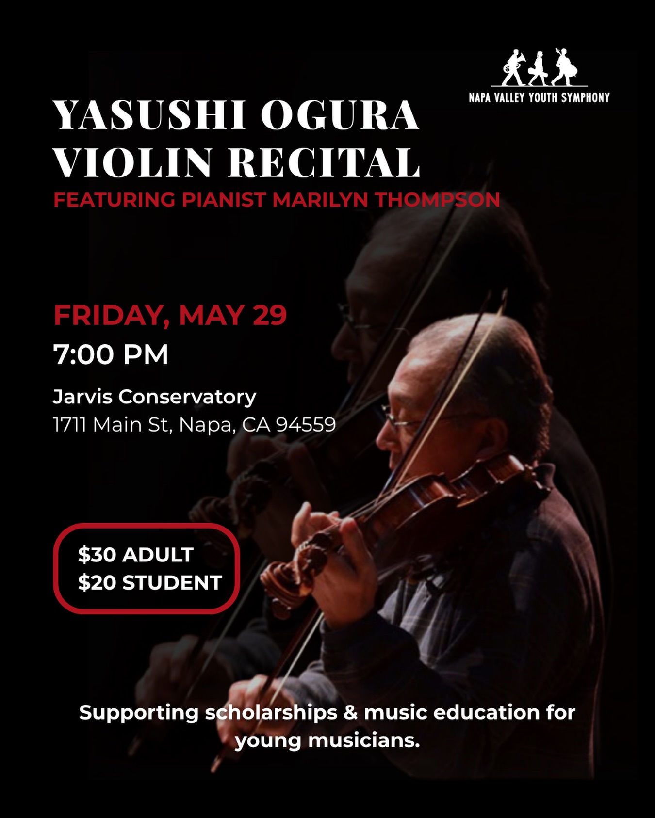 An Evening of Artistry, Excellence & Impact 🎶
Join us on May 29 for a special benefit recital featuring internationally respected violinist Yasushi Ogura and acclaimed pianist Marilyn Thompson in support of Napa Valley Youth Symphony.
Through an unforgettable evening of music, these extraordinary artists will help support scholarships and programming that give young musicians across our community the opportunity to learn, grow, and thrive through music.
📍 Jarvis Conservatory
📅 Friday, May 29
⏰ 7:00 PM
🎟️ $30 Adult | $20 Student
Experience world-class artistry while investing in the future of music education.
Buy your tickets early online - link in bio
#NVYS #LiveMusic #NapaValley #MusicEducation #BenefitConcert