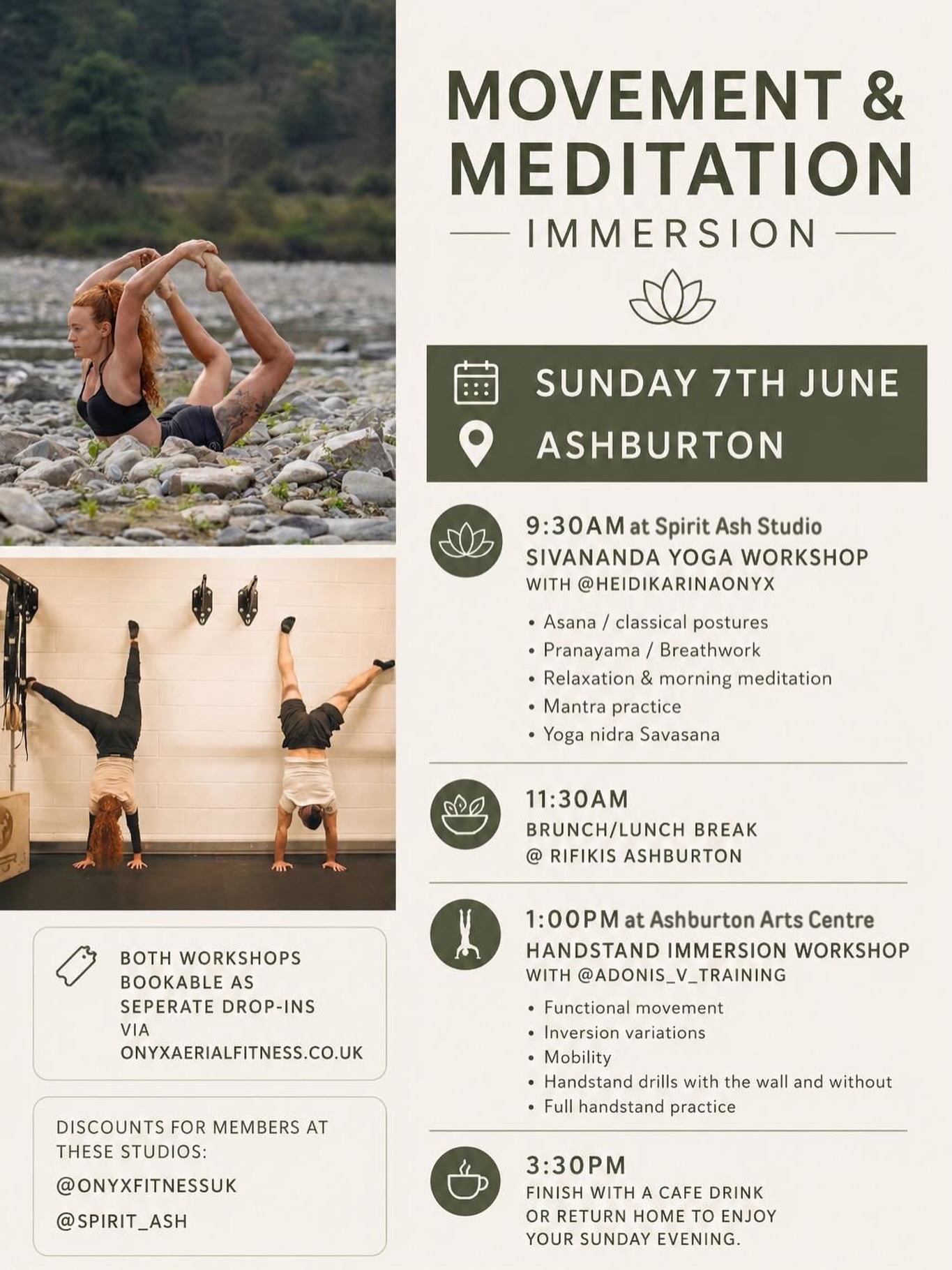 IMMERSE YOURSELF IN PRACTICE 🤗
EARLY BIRD OFFER! ⭐️
💰There’s an amazing discount ONLY THROUGH MAY,
So get your deal whilst it’s live.
After 31st May; bundle credits and discount voucher will be inactive.
You can book both workshops, or separate via the @onyxfitnessuk website.
Then…
Join us for brunch @rafikiscafe #Ashburton
Original Workshop prices
Yoga £20 for 90 mins
Inversion handstands for £25 2.5hrs
Use the code SPIRITASH20 or book with your bundle credits until end of May.
✨ Lock in the deal and get your training / learning from two instructors with over 20 years of experience.
@heidikarinaonyx
@adonis_v_training
Looking forward to a beautiful day 🫶
Much love ❤️
🪷
#yoga #handstands #fitness #meditation