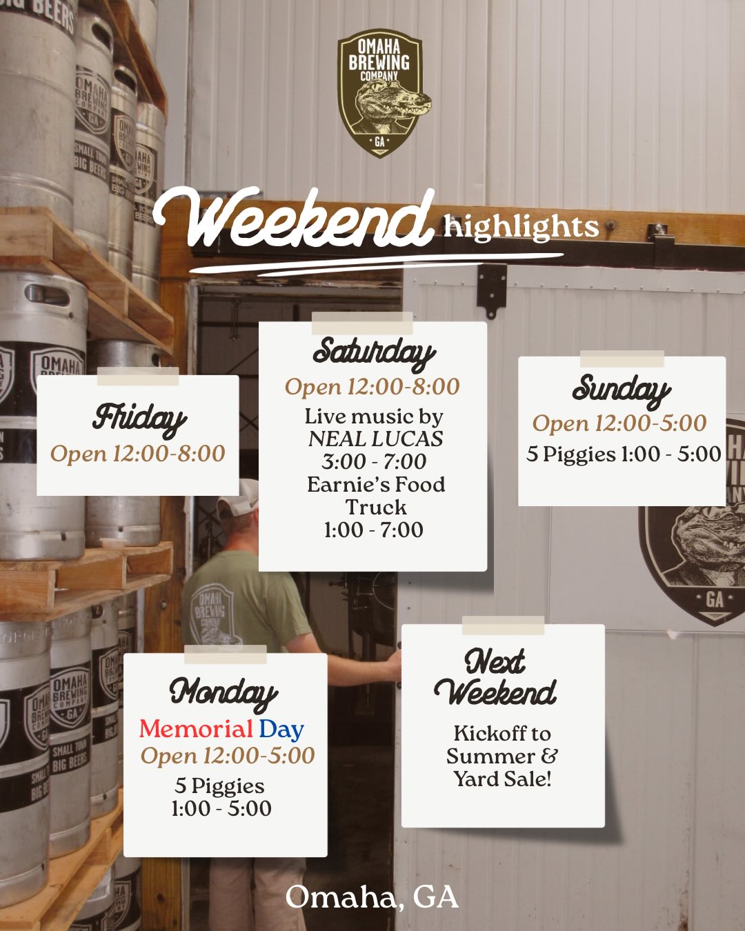 This WEEKEND @ OBC
MEMORIAL WEEKEND 20 oz. MUG SALE‼️
🍺 FRIDAY: Open from 12-8, always welcome to bring your own food!
🍺 SATURDAY: Open from 12-8pm + Live music featuring Neal Lucas 3-7 + Earnie’s Food Truck 1-7!
🍺 SUNDAY: Open from 12-5 + 5 Piggies 1-5!
🍺 MONDAY: 🇺🇸MEMORIAL DAY🇺🇸
Open from 12-5 + 5 Piggies 1-5!
See y’all this weekend, CHEERS!